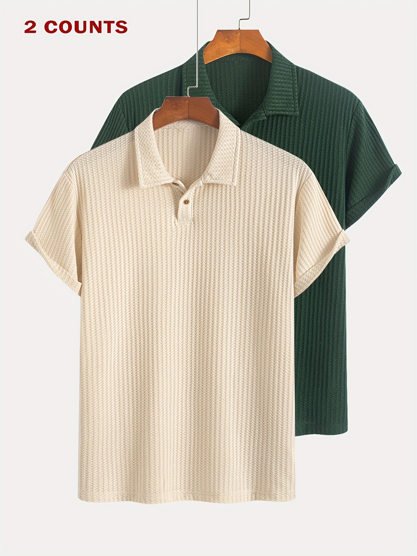 Two Pieces of Summer Casual Sports Jacquard Knit Short-Sleeve Polo Shirts, a Set of Two Jacquard Textured Short-Sleeve Polo Tops.