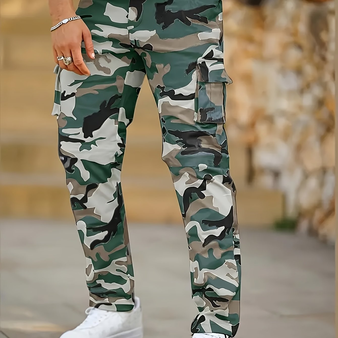 Pantalon Cargo Homme Camouflage – Coupe Ample, Multi-Poches, Taille à Cordon, Vert/Noir/Blanc