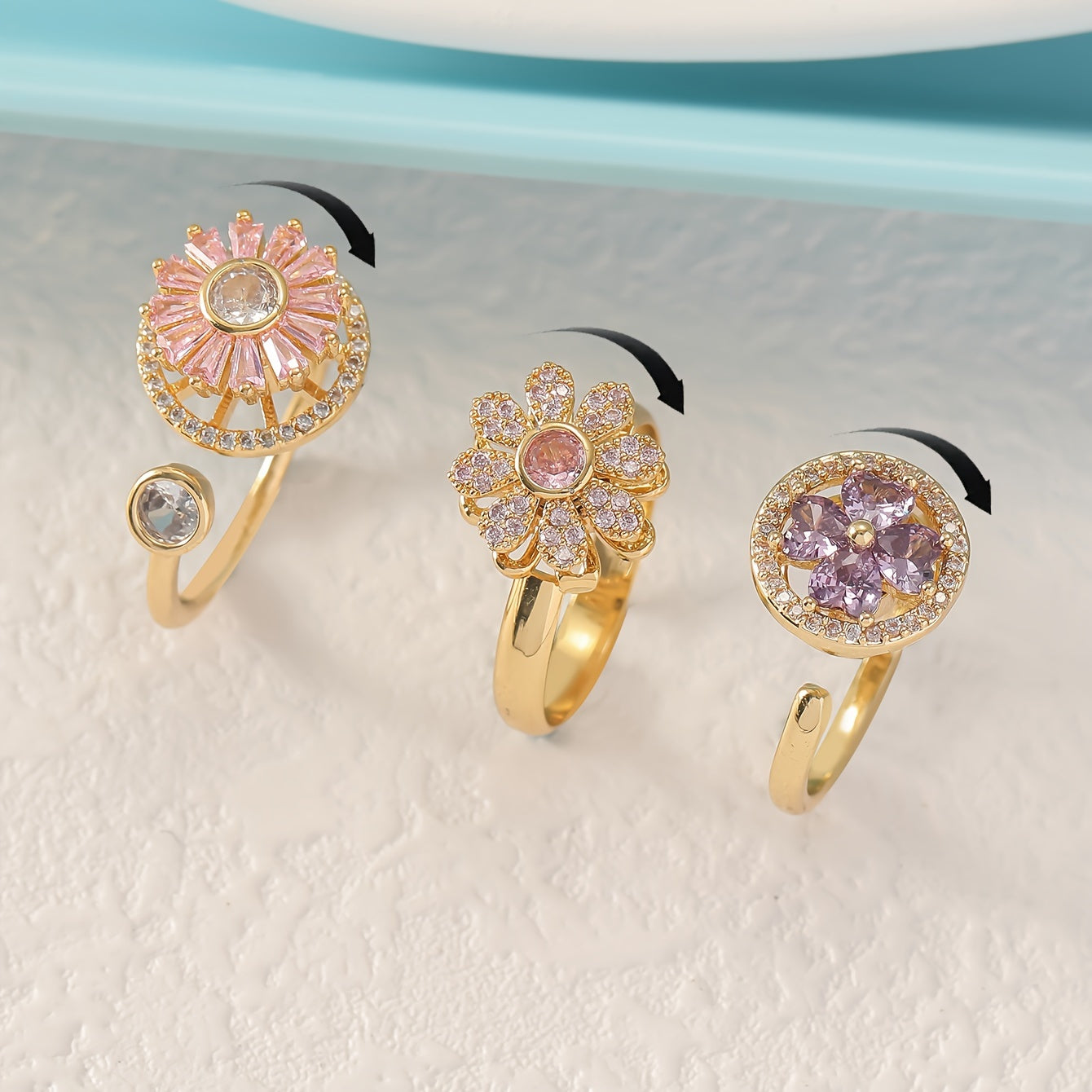3pcs Set of Rotating Ring Copper Micro-Set Zirconium Ring with Open Color Preservation Design Hand Ornament