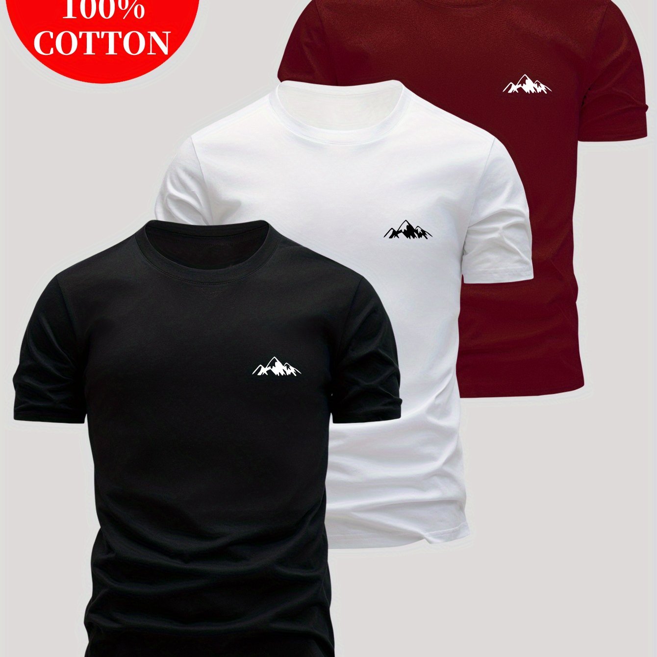 3pcs 's 100% Cotton T-Shirts Slim Fit Short Sleeve Crew Neck - White/Black/Navy Blue with Logo Print ( Grey Logo) - Soft Summer Casual Shirts, Breathable Casual Attire, Minimalist -Inspired Design for Layering & Outfits