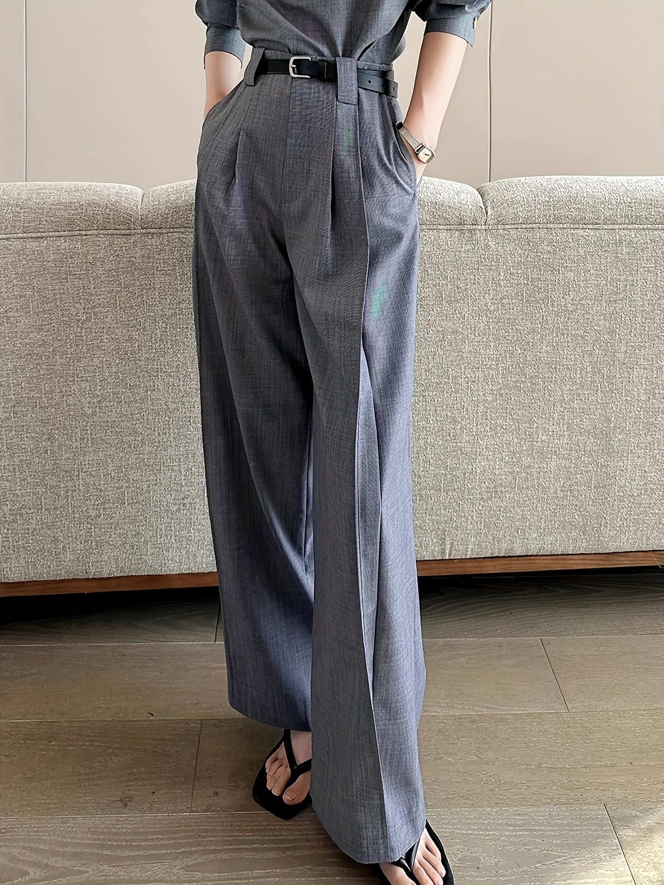 Pantalon Femme Taille Haute – Jambe Large Gris, Élégant, Bureau et Décontracté, Tous Saisons