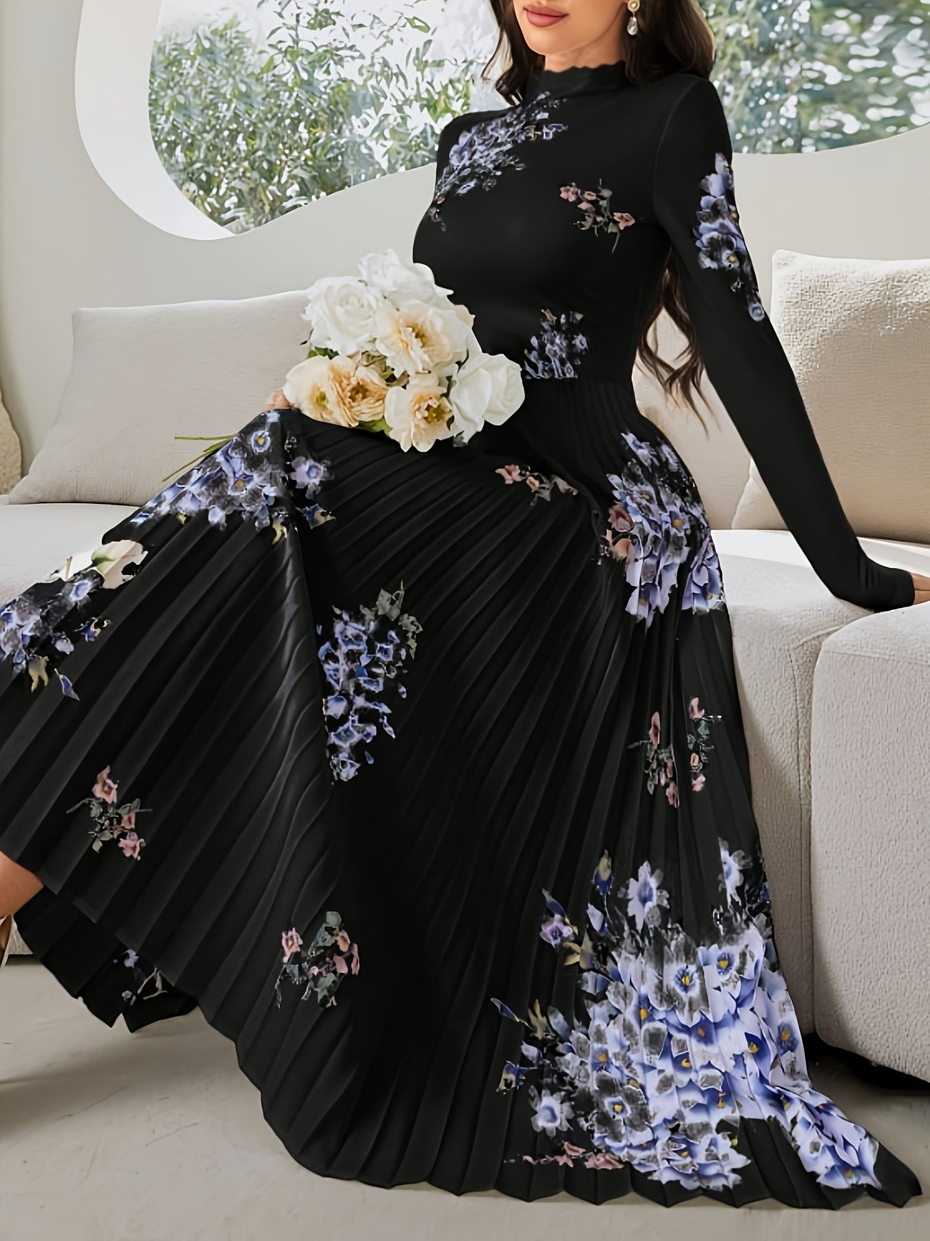 Robe Longue Élégante – Imprimé Floral Noir et Bleu, Col Montant, Manches Bouffantes Longues, Coupe A-Ligne, Idéale Soirées, Mariages et Événements Printemps/Automne, Lavable en Machine