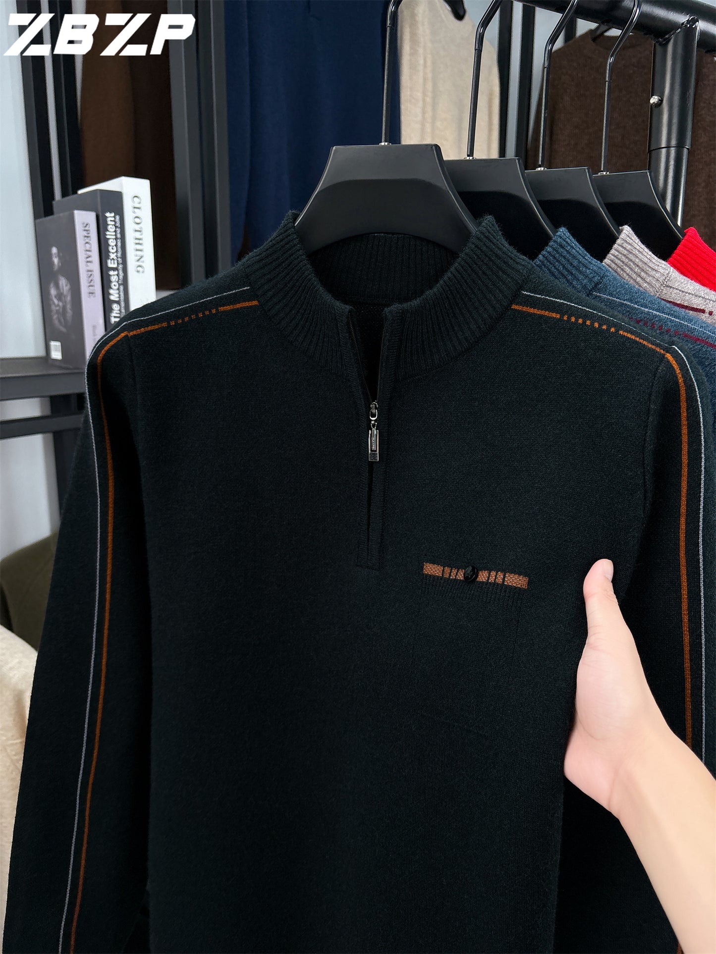 Men's Heavyweight Half-Zip Sweater - Stand Collar Zippered Winter Knit Sweater with Striped Collar & Back Logo, Dark Blue Casual Warm Pullover for Fall/Winter, Versatile Layering for Office & Casual Attire