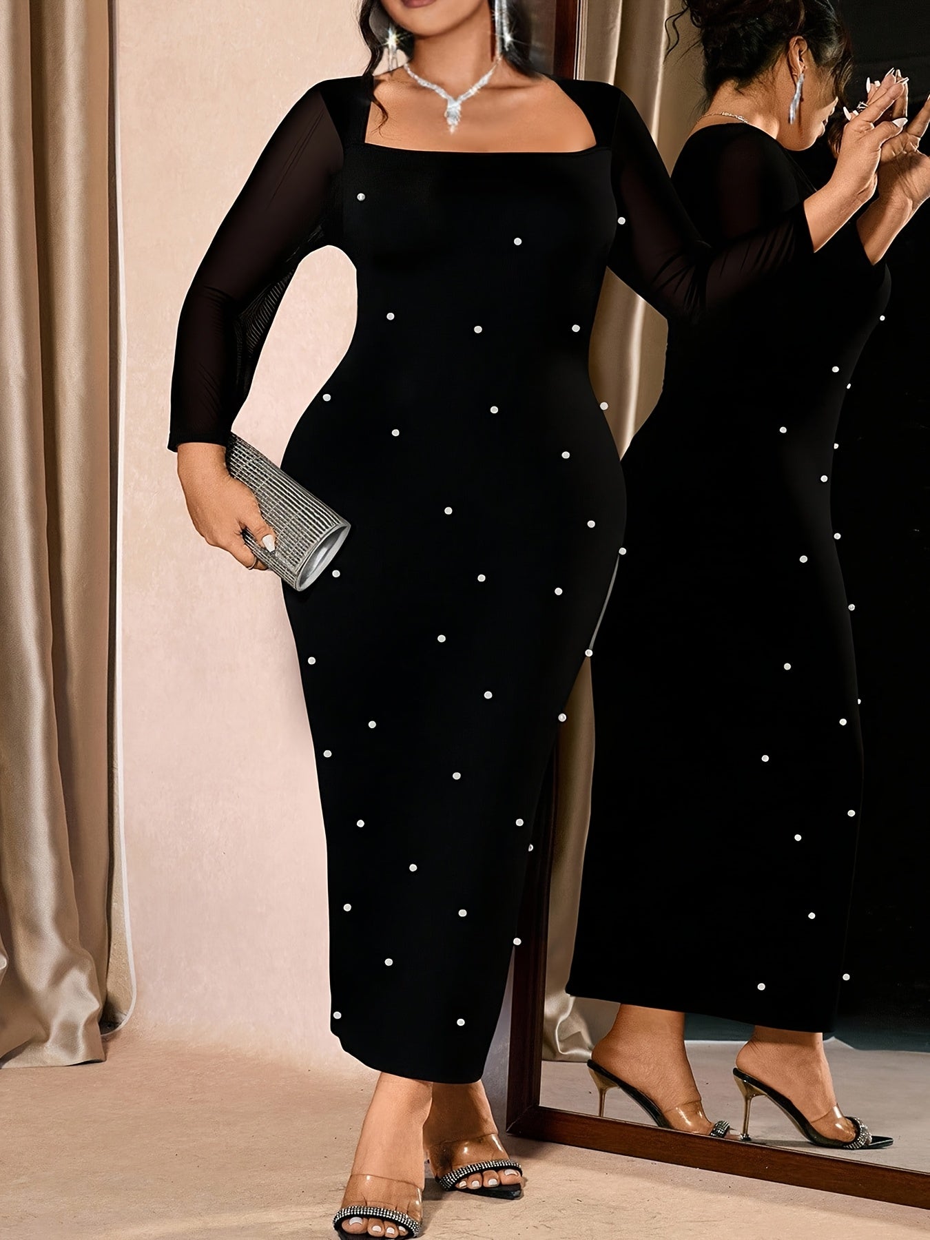 Plus Size - Plus-Size Women'S Elegant And Fashionable Long-Sleeve Dress with a Square Neckline And Faux Pearl Embellishments for Spring And Autumn