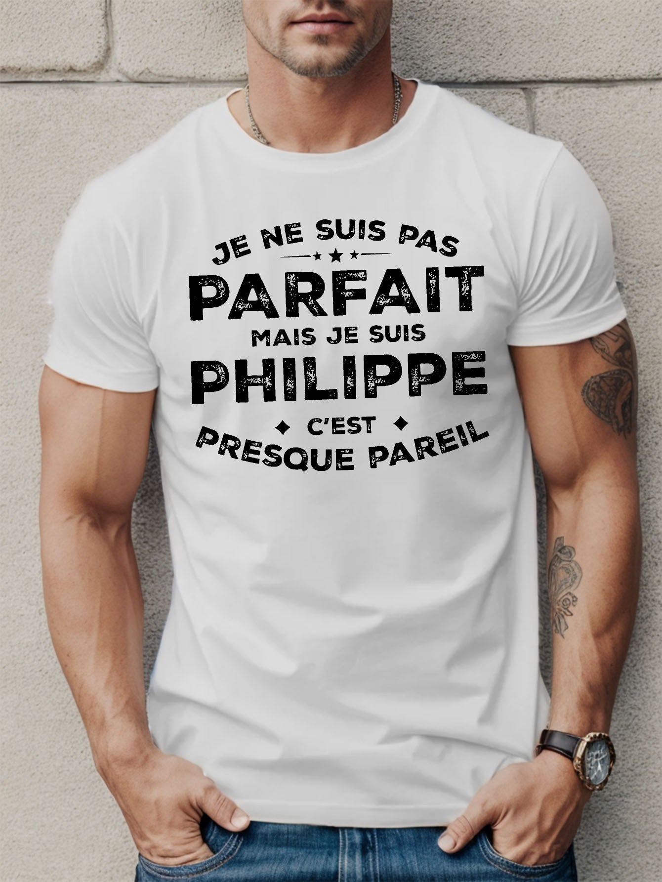 Men'S Casual French Quote T-Shirt - "Je Ne Suis Pas Parfait Mais Je Suis Philippe" with Star Design, Black Short Sleeve Tee for Summer, Comfortable Fit, Everyday Tshirt | Humorous Statement Shirt | Stretchable Fabric