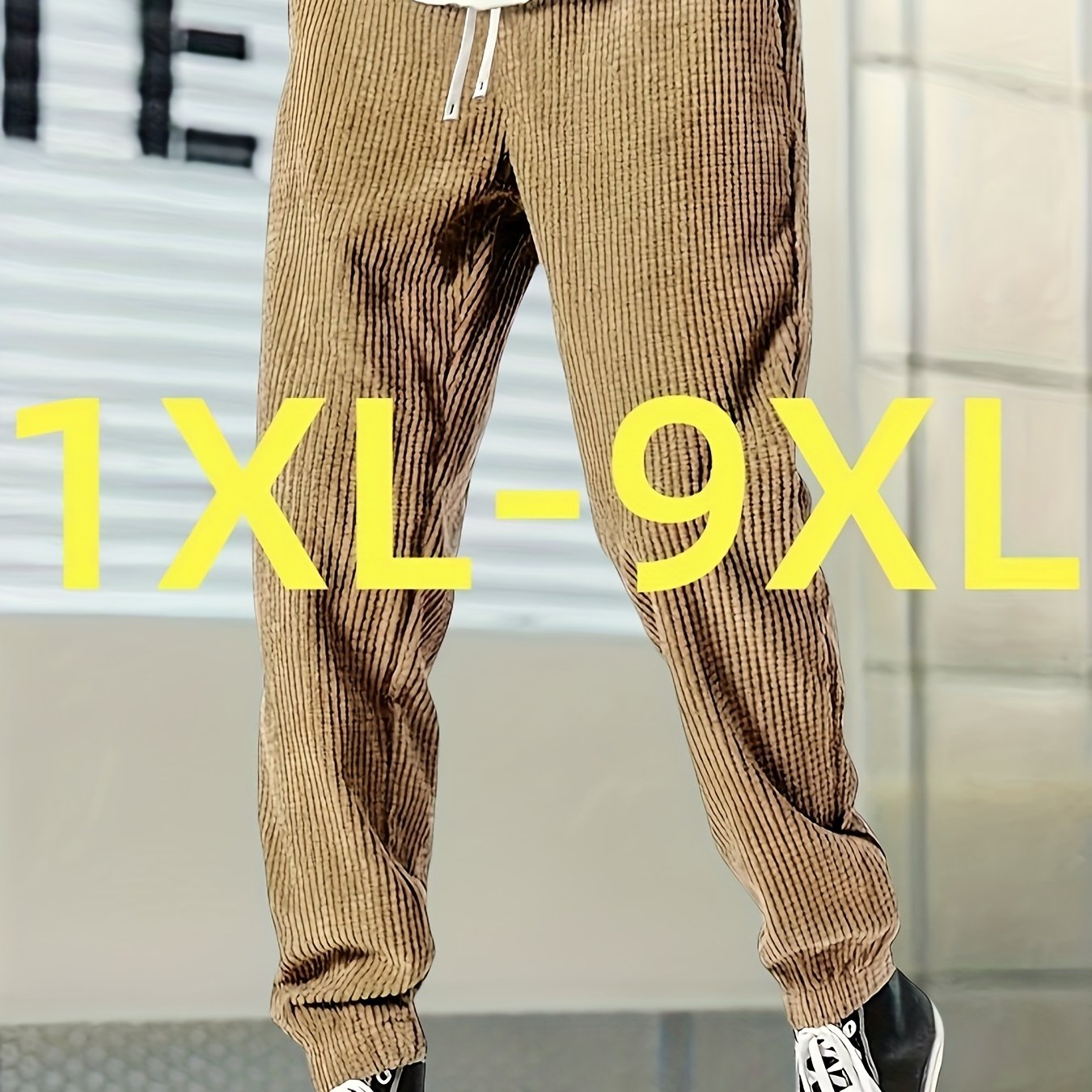 Joggers en velours côtelé grande taille pour homme – coupe décontractée, taille élastique à cordon, poches latérales, confortables pour tenue décontractée, sneakers hautes assorties