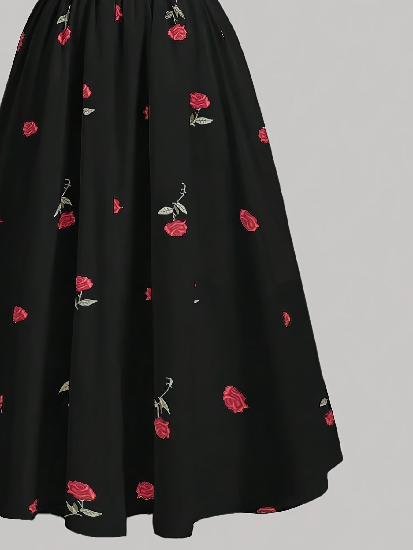 Robe élégante pour femmes à col carré – Imprimé floral, manches courtes, coupe ajustée en A, roses rouges et feuilles vertes, légère et lavable en machine, printemps/été/automne, casual à semi-formel