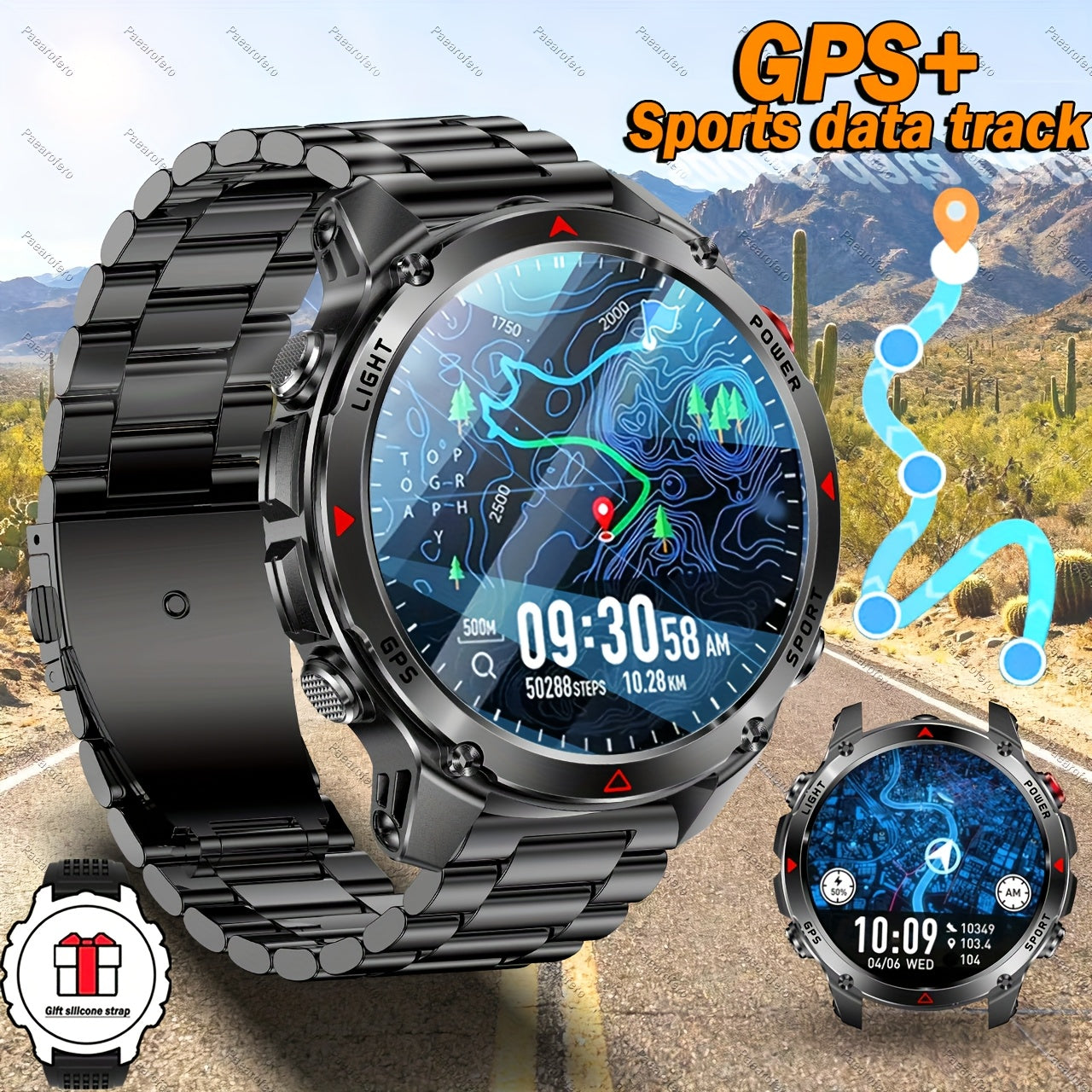 2025 new GPS smartwatch with flashlight, full touch screen, wireless calling, music playback, for iPhone/Android, equipped with GPS, compass, altimeter, barometer, calendar, calculator, calorie pedometer, fitness tracker, swi
