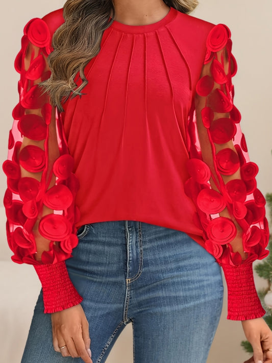 Blouse Y2K rouge à volants en mesh pour femmes, manches longues, col rond élégant avec bordure contrastée, printemps/été/automne