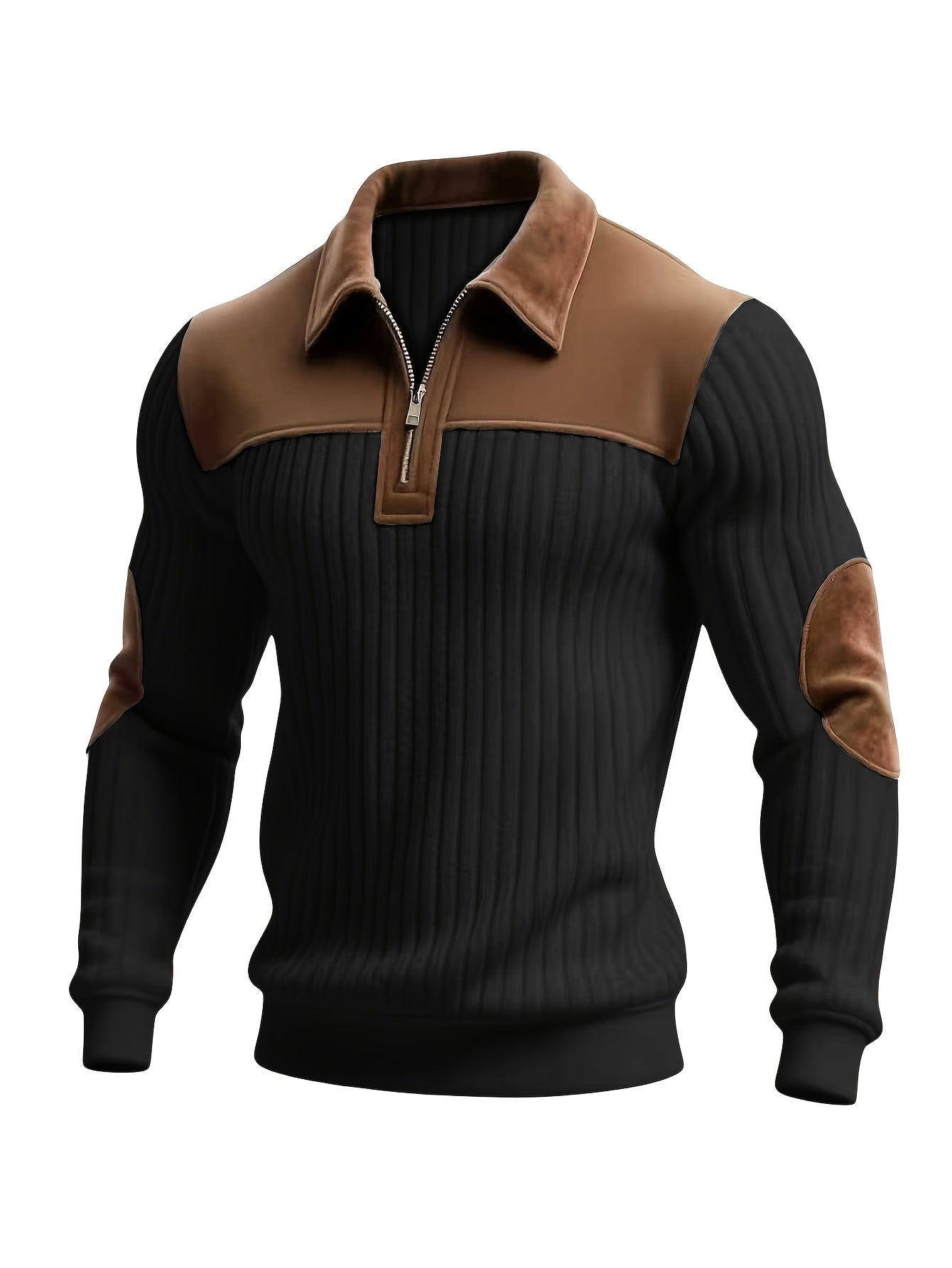 Men'S Casual Collared Zip-Up Pullover | Color-Block Design, Thick Warm, Long Sleeve, Suitable for Daily Fashion and Commuting - ROYALBOY