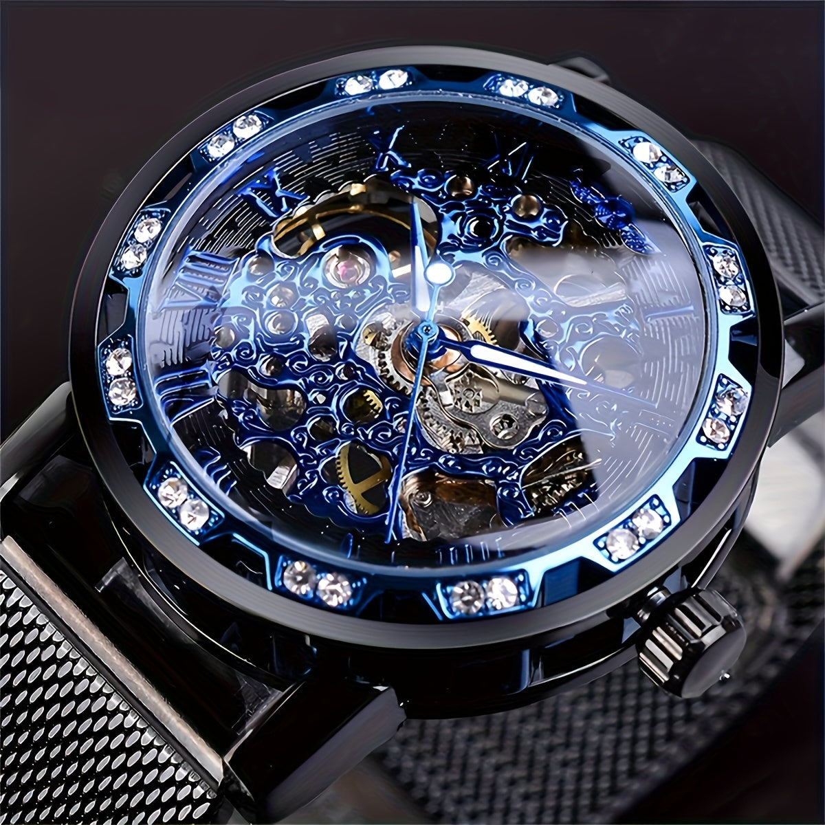 Elegant Men'S Mechanical Watch with Rhinestone Accents & Hollow Mesh Band - Stainless Steel, Zinc Alloy Case, Business Style, Self-Winding Movement, Pointer Display, No Battery Needed, Business Watch | Elegant Watch | Durable