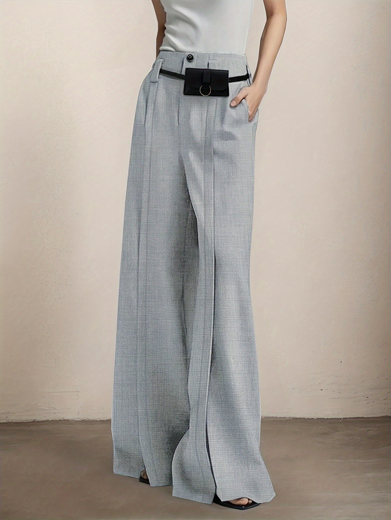 Pantalon Femme Élégant Jambe Large – Polyester, Couleur Unie, Fente Avant et Poches, Fermeture Zippée, Confortable, Automne/Hiver