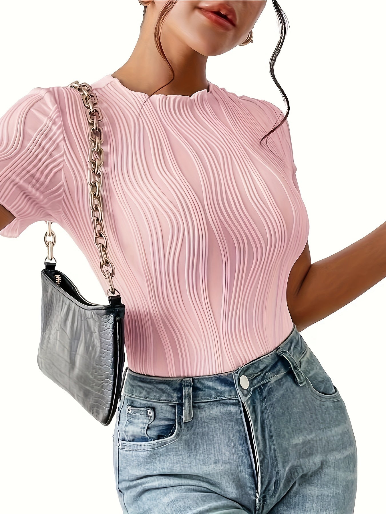 Body femme couleur unie, manches courtes, coupe slim, tissu texturé, style élégant et simple, pièce unique