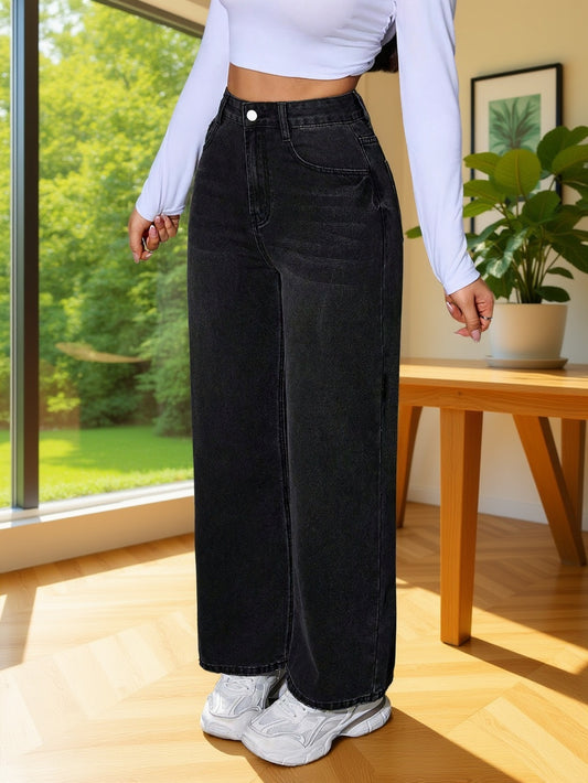 Jean femme décontracté à jambes larges - Noir, sans stretch, détails brodés, longueur longue, idéal pour le printemps/automne, tenue décontractée | Jean décontracté à jambes larges | Tissu non extensible