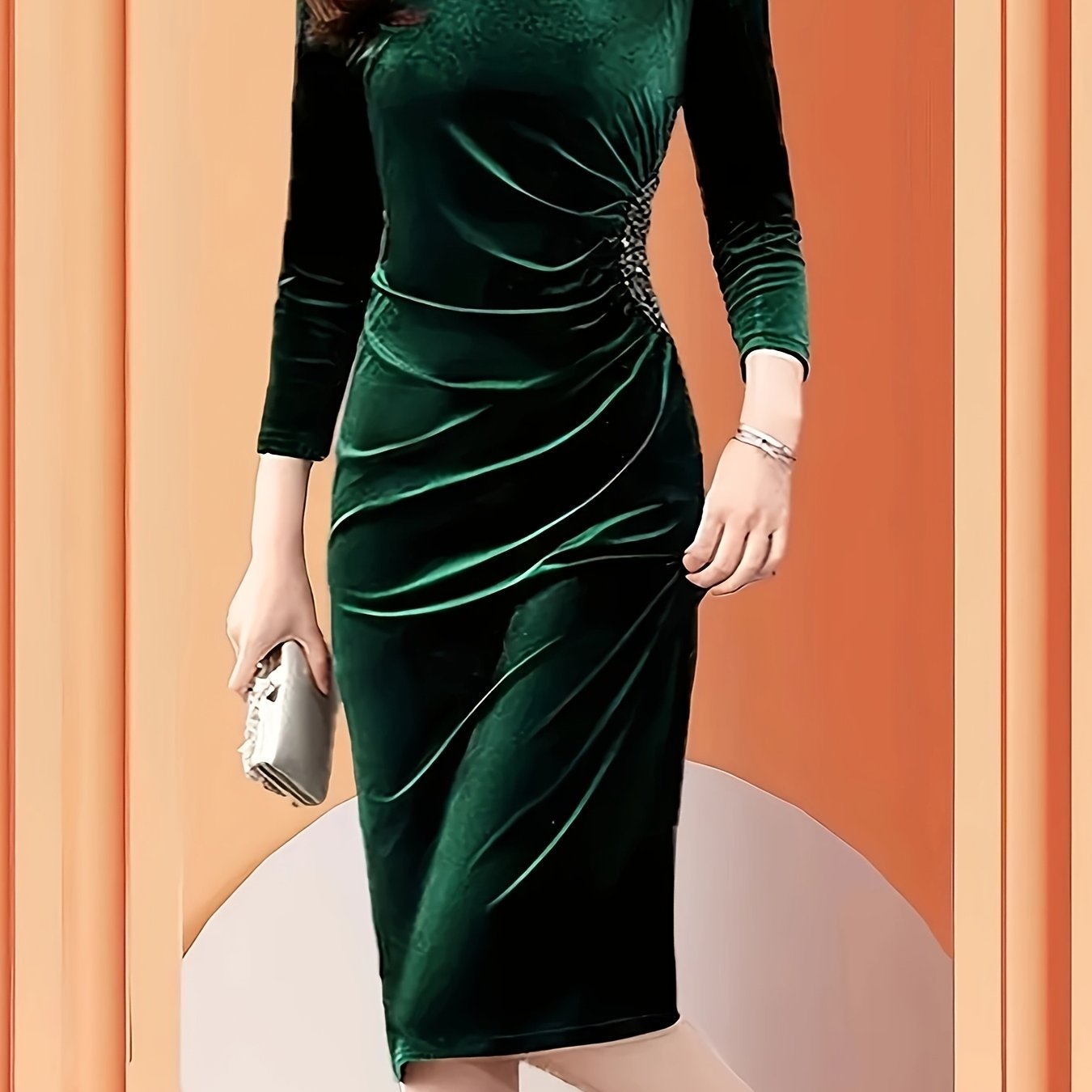 Emerald Green Velvet A-Line Midi Dress - Elegant Round Neck Long Sleeve Machine Washable Women's Formal Party & Evening Dress, All-Season Versatile Solid Color, Emerald Dress