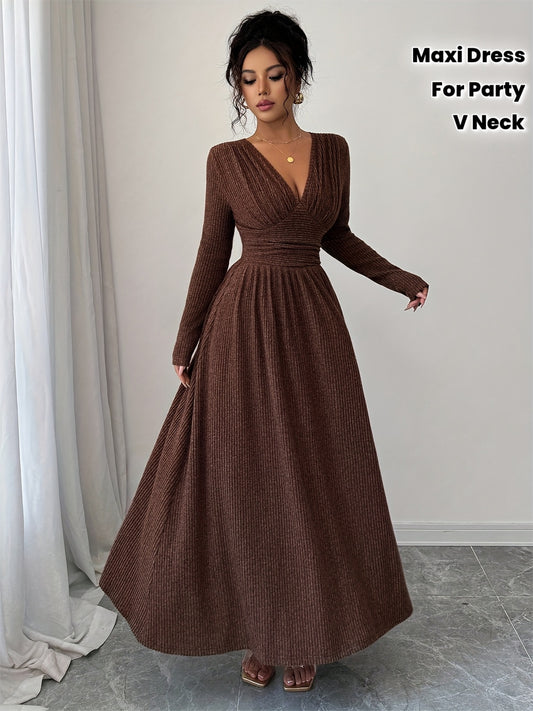 Robe Femme Élégante A-Line Maxi – Manches Longues, Col V, Robe Formelle et Quotidienne, Coupe Flatteuse pour Automne/Hiver, Bureau, Fête, Mariage, Tenues Quotidiennes, Robe Formelle et Décontractée, Port au Bureau, Ourlet à Volants, Look Stylé