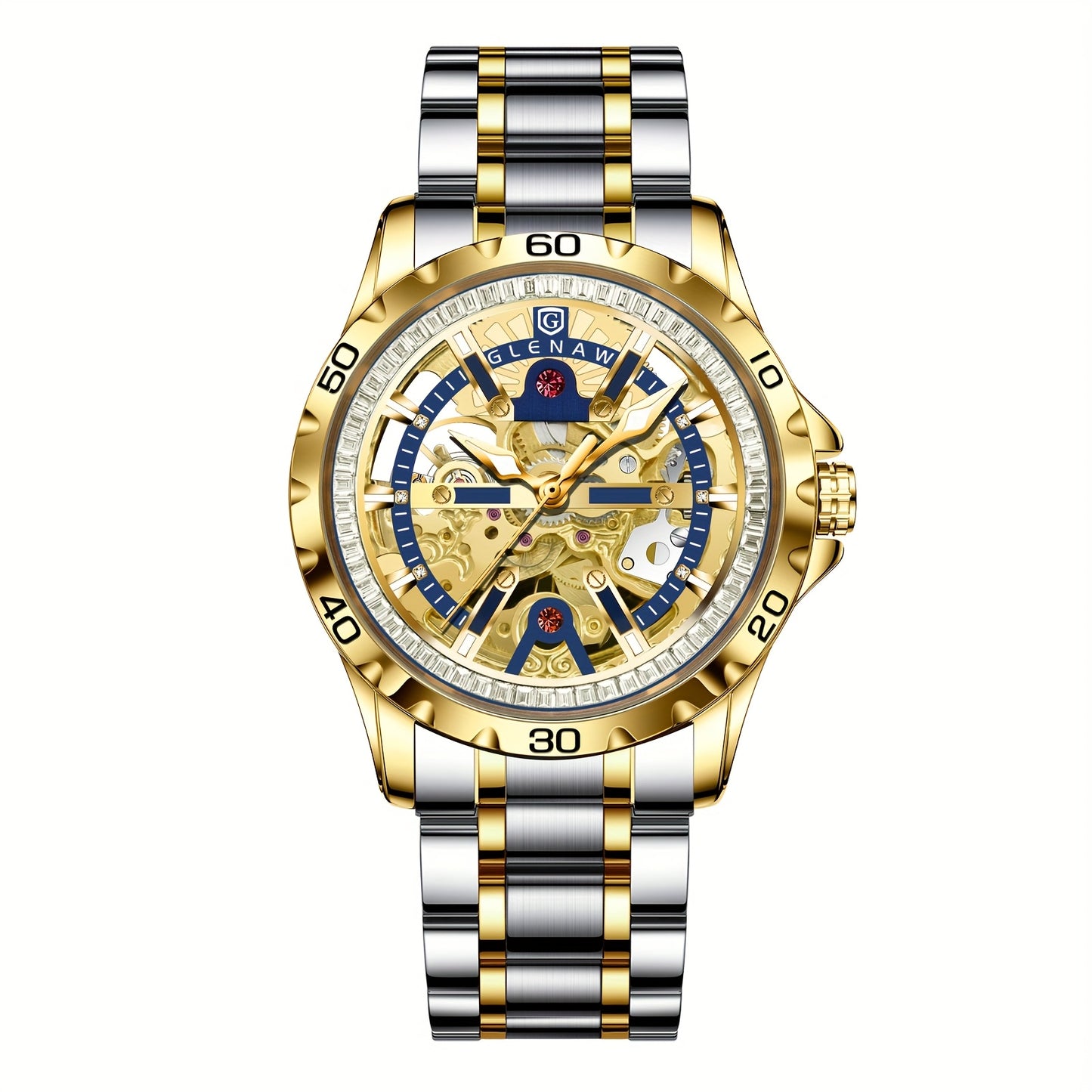 Automatic Watches for Men, Rhinestone Ring Blue Round Frame Men's Watch Stainless Steel Strap Skeleton Mechanical Watch