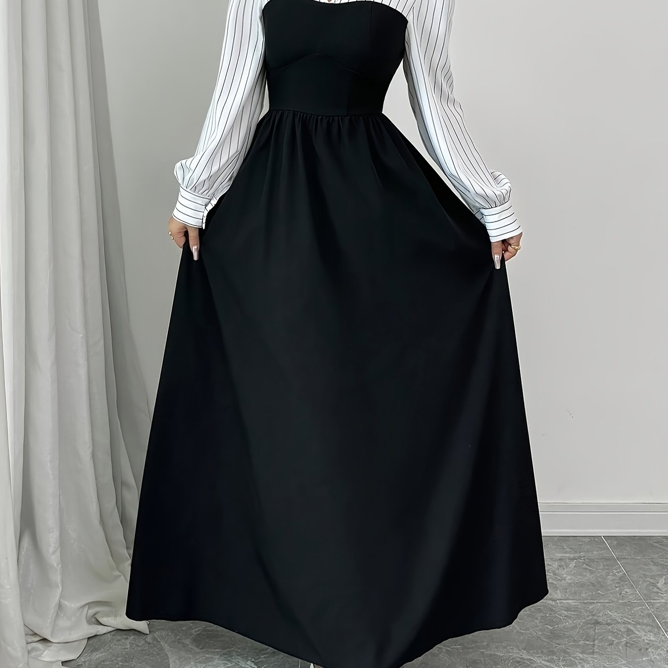 Black and White Striped Print Patchwork Long Dress, Fashionable Elegant Women's Autumn/Winter Maxi Sleeve Dress - Fall Clothing Trends, Ladies Apparel for Halloween & Christmas