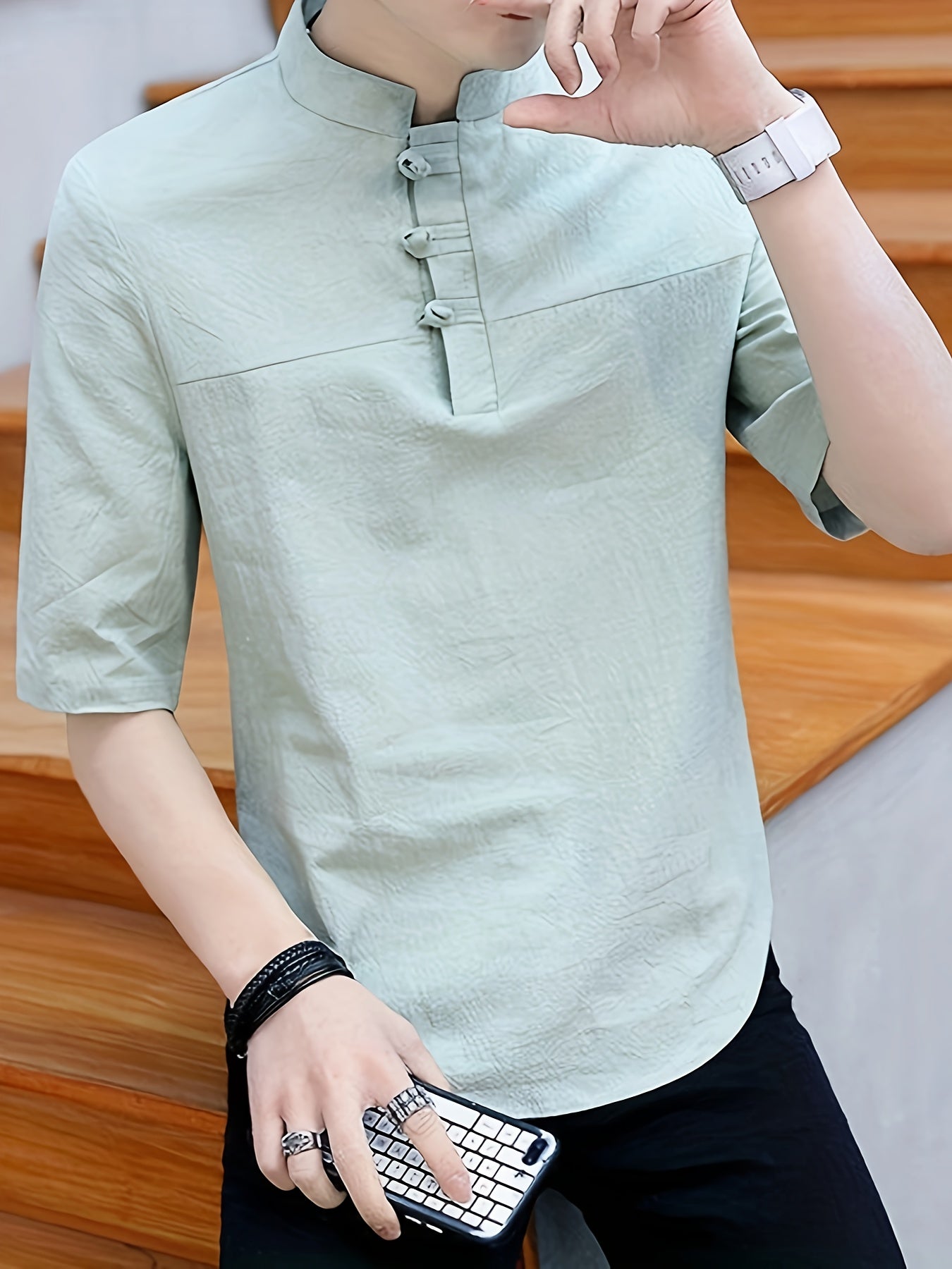 Men's Pure Cotton Chinese Style Stand Collar Top Summer Short Sleeve T-Shirt High End New Traditional