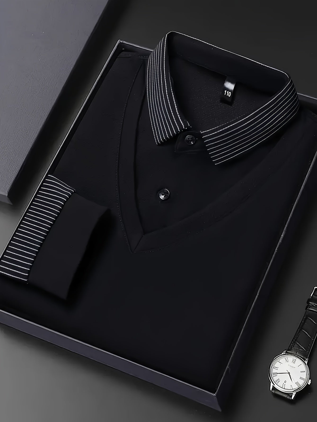 Men'S Two-in-One Long Sleeve T-Shirt - Navy & Striped Patchwork Collar Shirt, Button-Up Front, Breathable Fabric, Regular Fit for Business & Casual Wear, Versatile Clothing | Classic Collar Shirt | Stylish Contrast Design