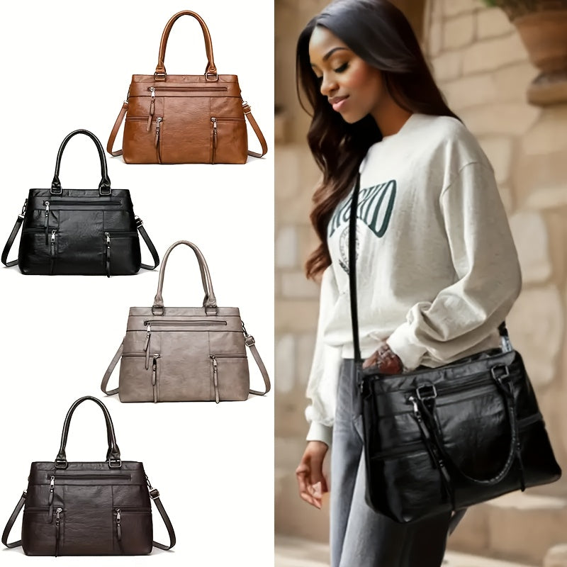 Sac Cabas Femme– Bandoulière Amovible, Fermeture Éclair, Sans Motif, Bord Peint, Facile d’Entretien