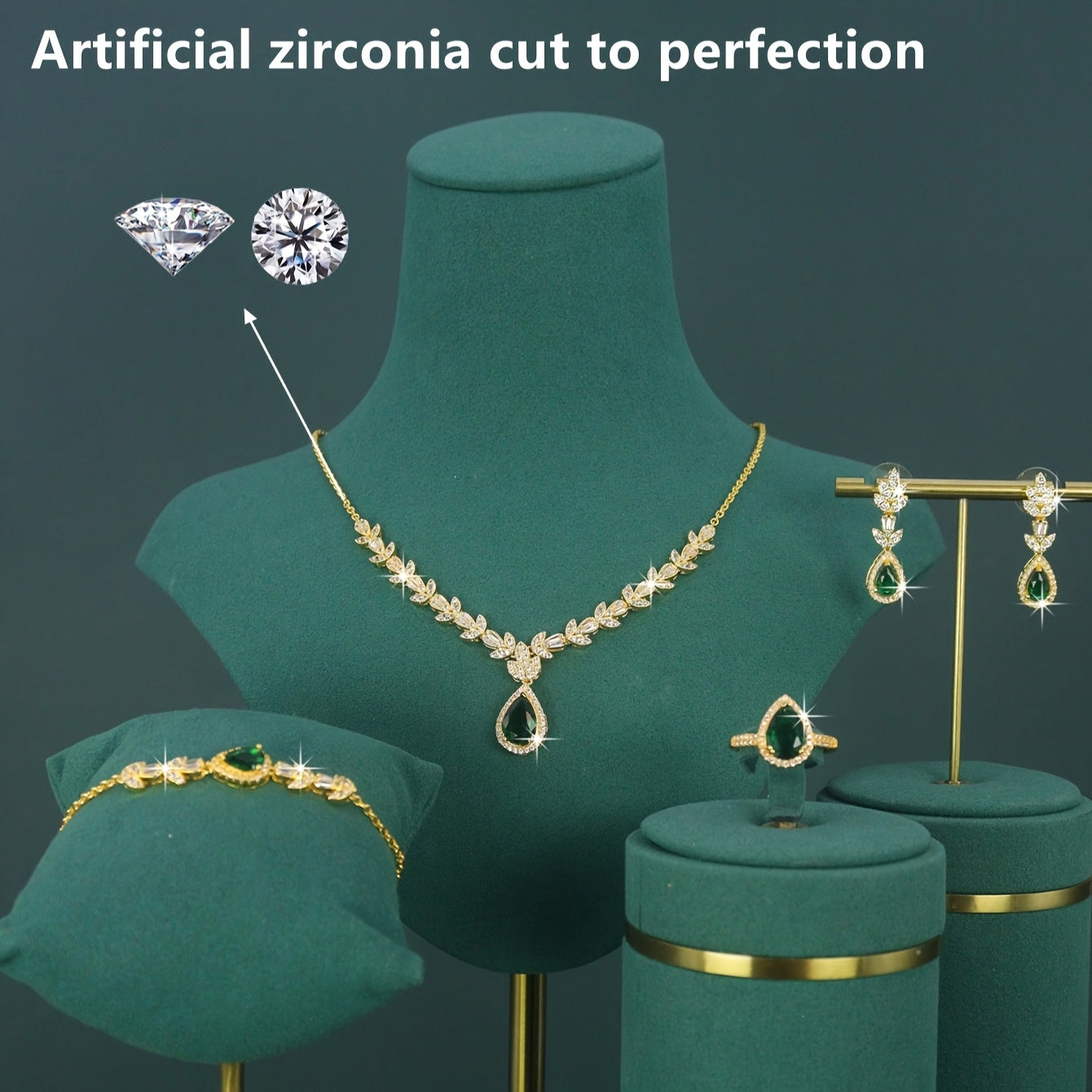 Ensemble mariage luxe 5 pièces – plaqué 18K, style royal moyen-oriental, design goutte, zirconia oxydé 3D vert, rouge et blanc incrusté à la main, comprenant collier, bracelet, boucles d’oreilles et bague, adapté au port quotidien