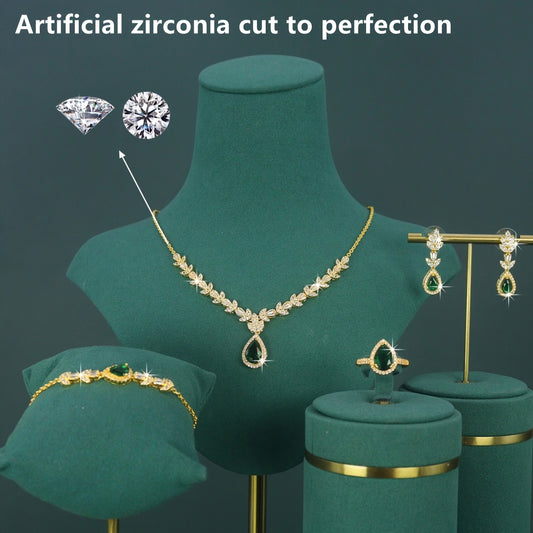 Lot de 5 pièces de bijoux plaqués or 18 K style royal moyen-oriental, design goutte, pierres zirconia 3D incrustées vertes, rouges et blanches