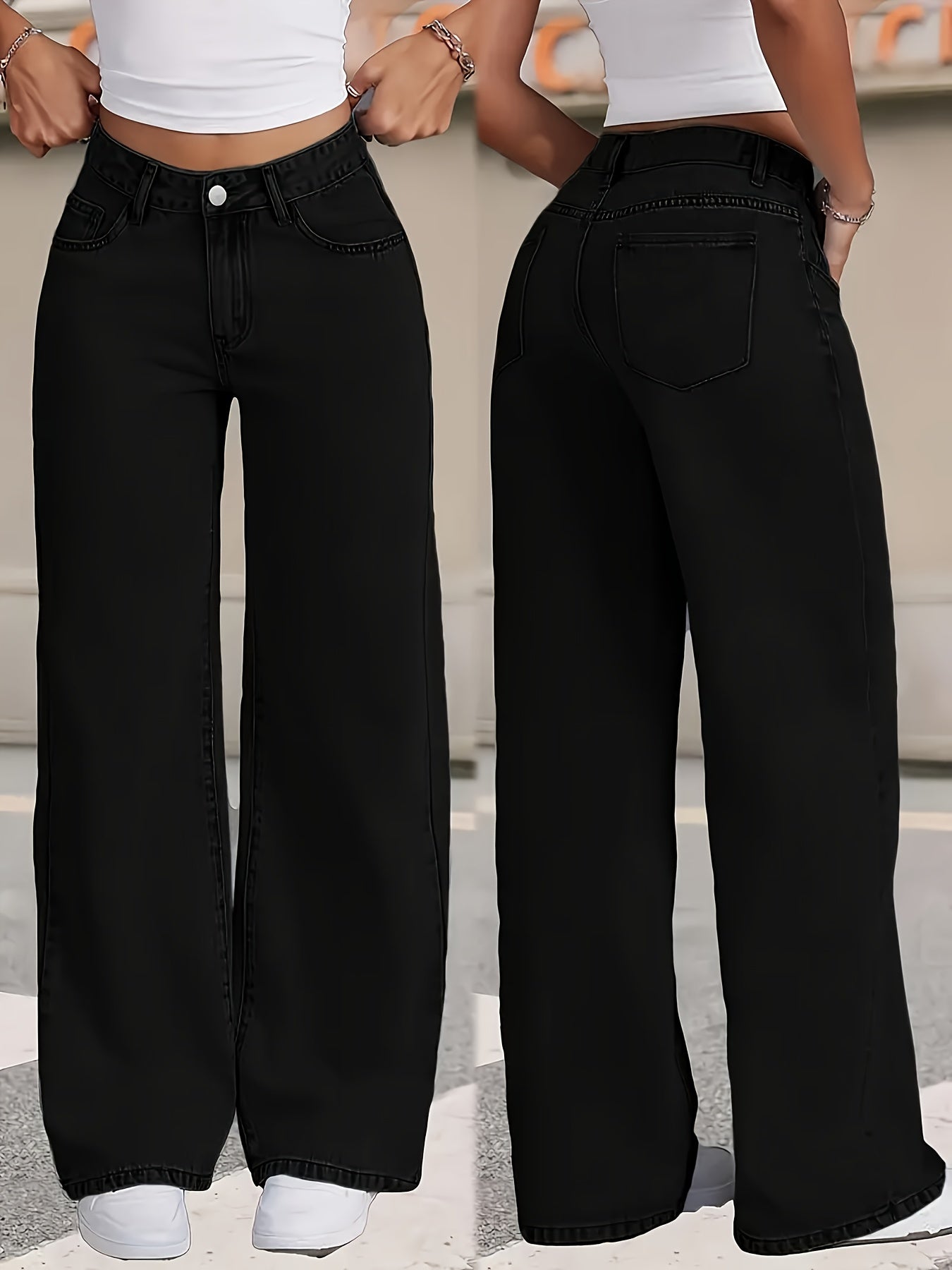 Jeans Femme Jambe Droite Couleur Unie Noir Jambe Large Taille Haute Toute Saison Décontracté Durable Polyvalent