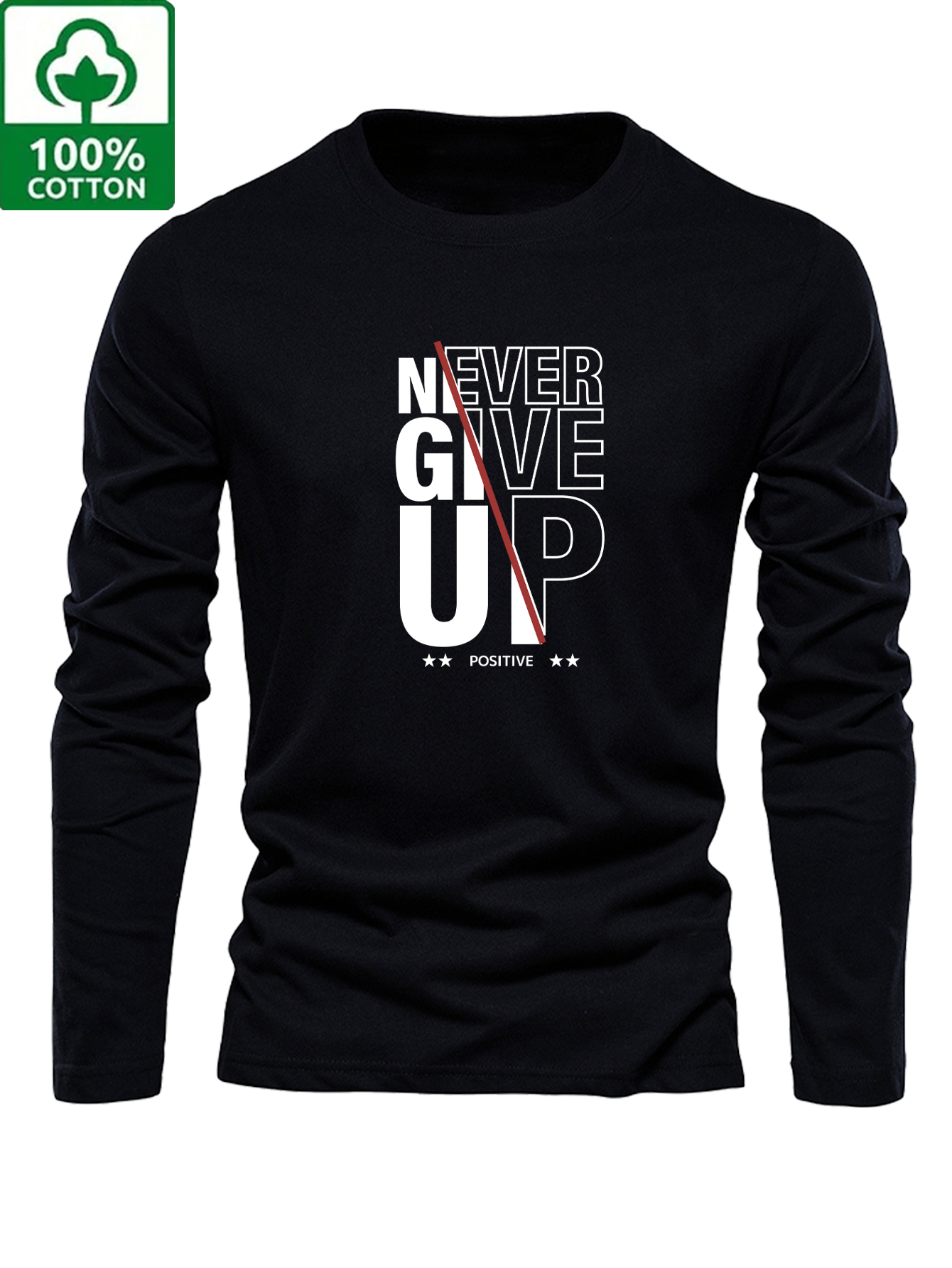 Men's 100% Cotton Oversized Long Sleeve T-Shirt with Never Give Up Slogan & Text - Motivational Lettering Print Casual Round Neck Top for Spring/Fall, Casual Attire (Grey) - 100% Cotton Fit