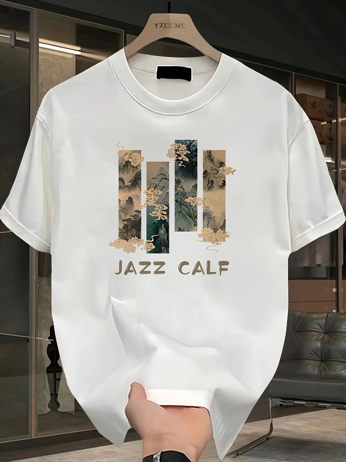 Men's Heavyweight 100% Cotton Oversized T-Shirt with Jazz Calf Graphic Print - White Summer Casual Round Neck Short Sleeve Tee, Large Size Breathable Fabric for Casual Attire & Jazz-Themed Events, Machine Washable Youthful St