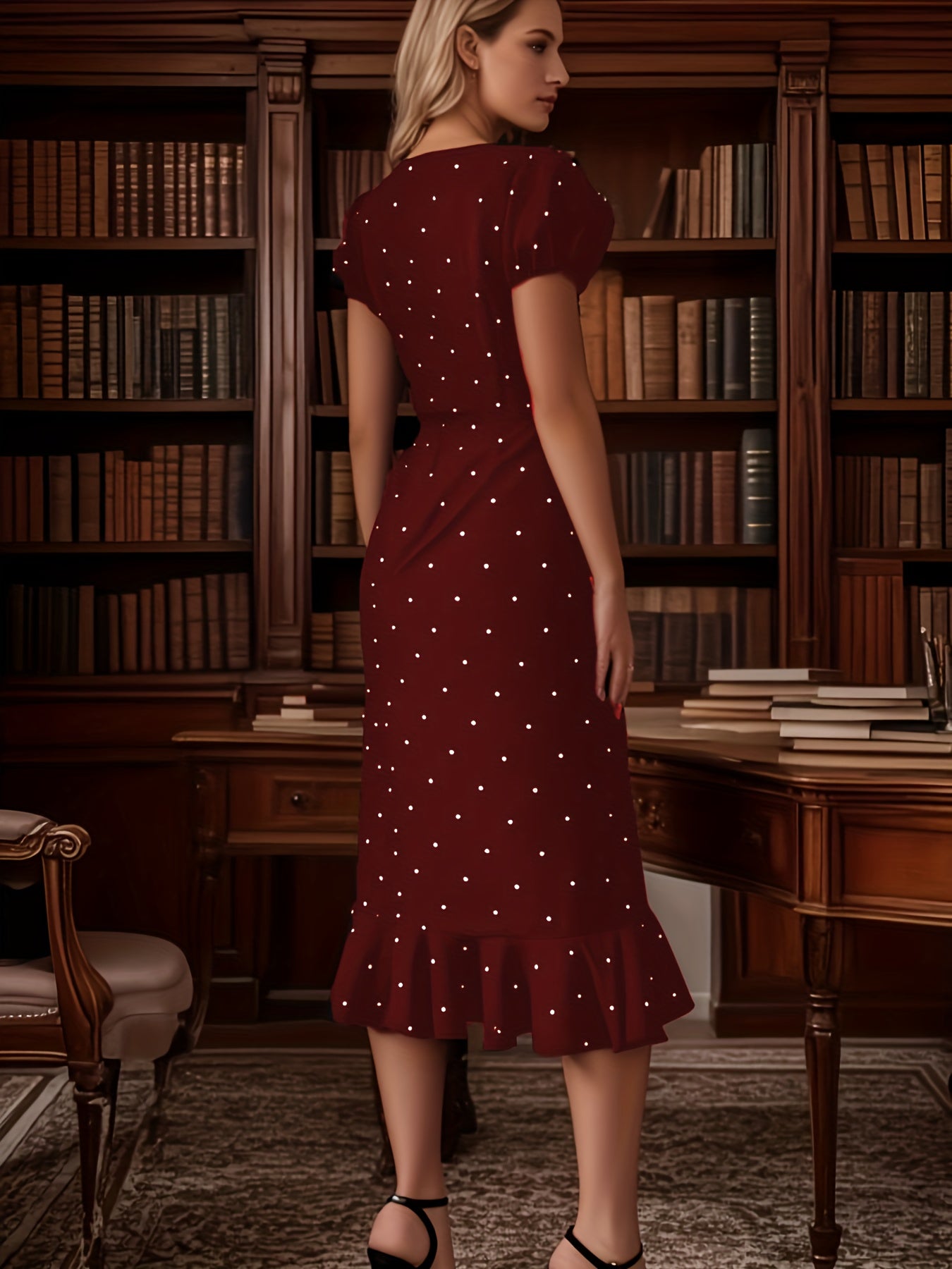 The Elegant Dress with Lantern Sleeves, a Bow, And Ruffled Polka Dot Print Is Perfect for Spring And Summer.