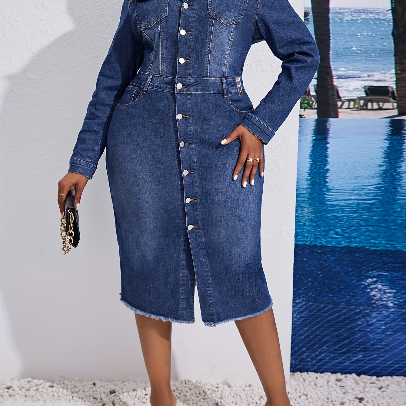 Robe en Jean Femme– Manches Longues, Col Revers, Ourlet Effiloché, Couleur Unie Extensible, Imprimé Plage avec Palmiers et Océan, Idéale Printemps/Été/Automne