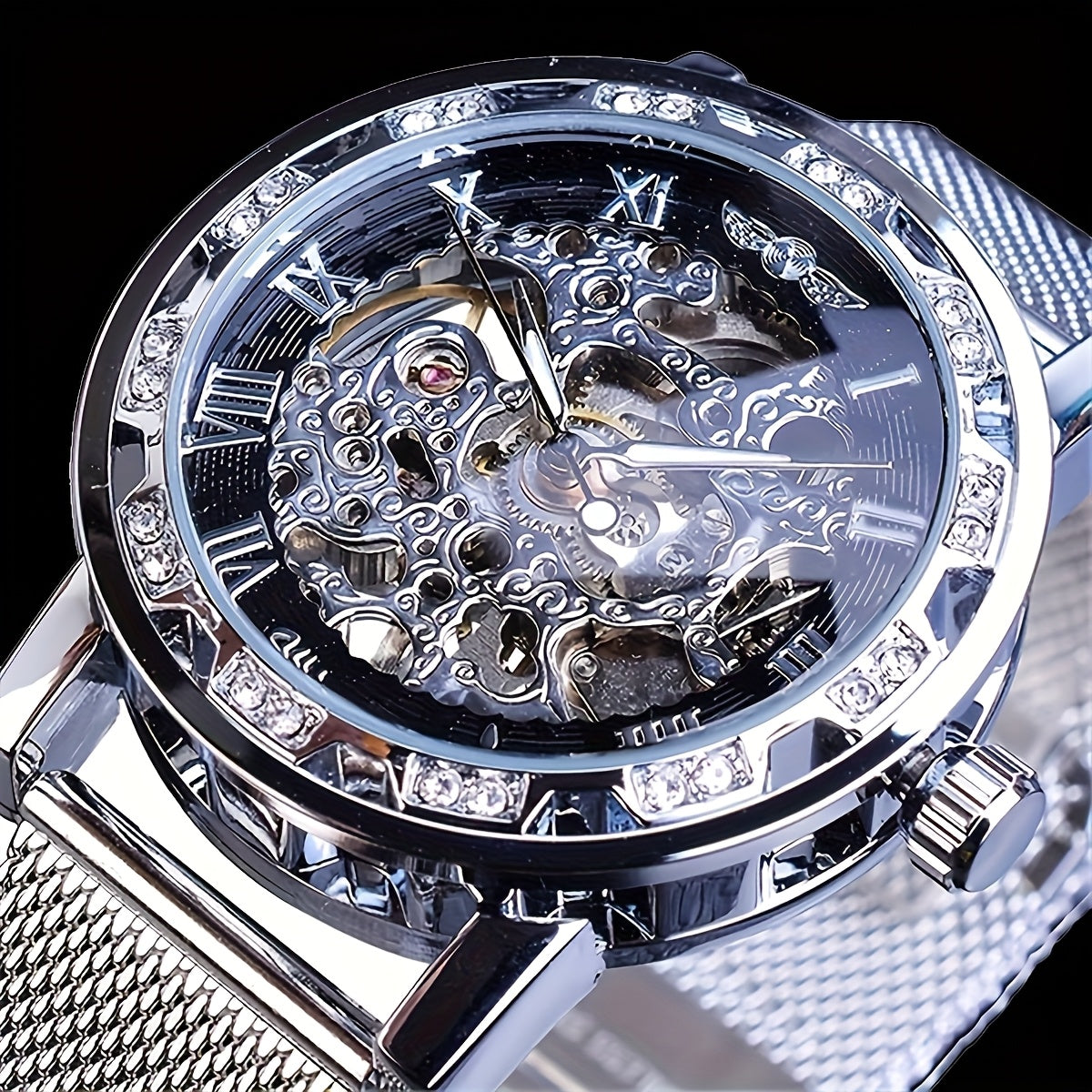 Elegant Men'S Mechanical Watch with Rhinestone Accents & Hollow Mesh Band - Stainless Steel, Zinc Alloy Case, Business Style, Self-Winding Movement, Pointer Display, No Battery Needed, Business Watch | Elegant Watch | Durable