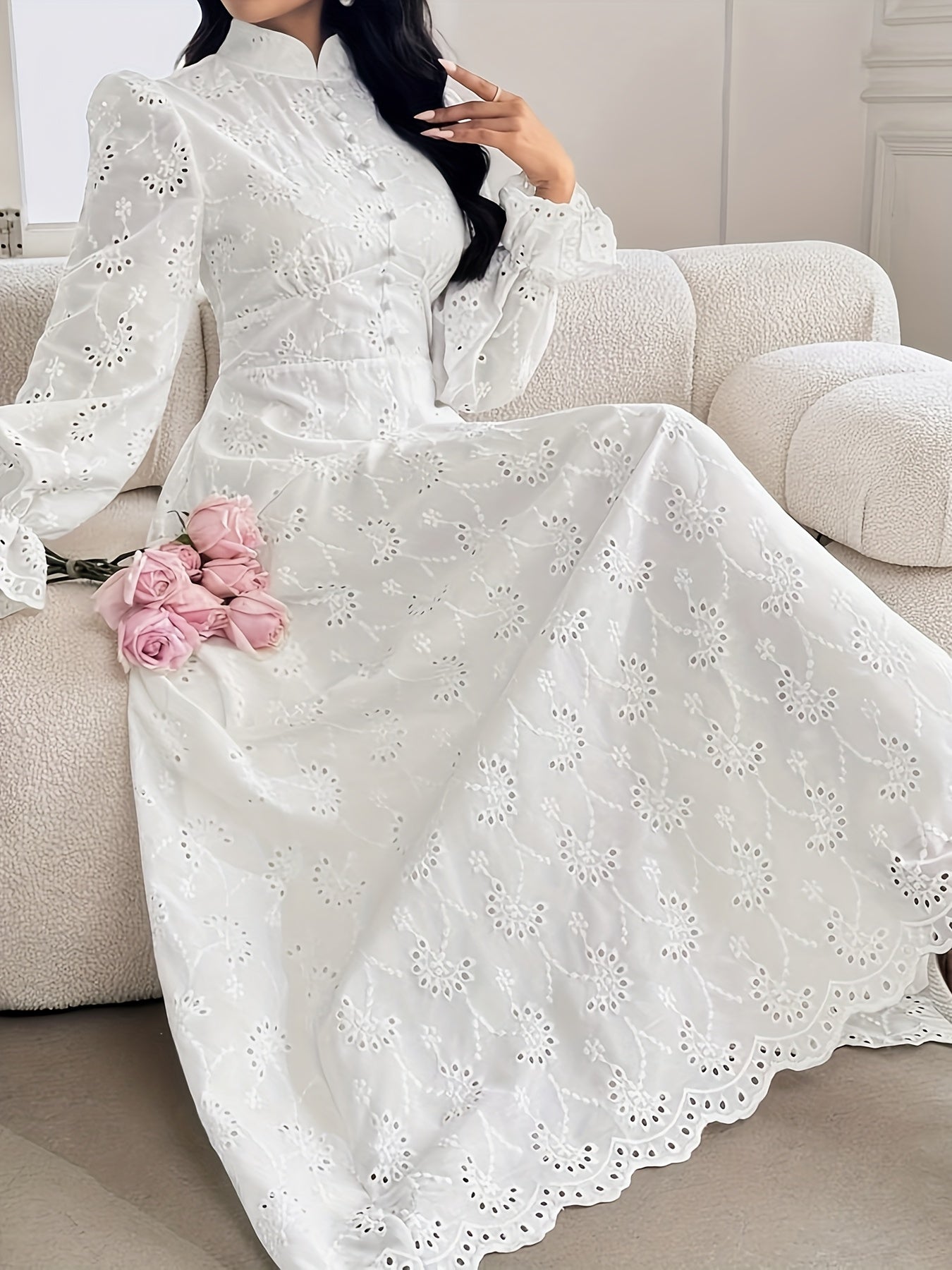 Women'S French Embroidered Stand Collar Puff Sleeve Dress Featuring a Ruffled Design, Suitable for Dates, Vacations, Parties, And Everyday Commuting.