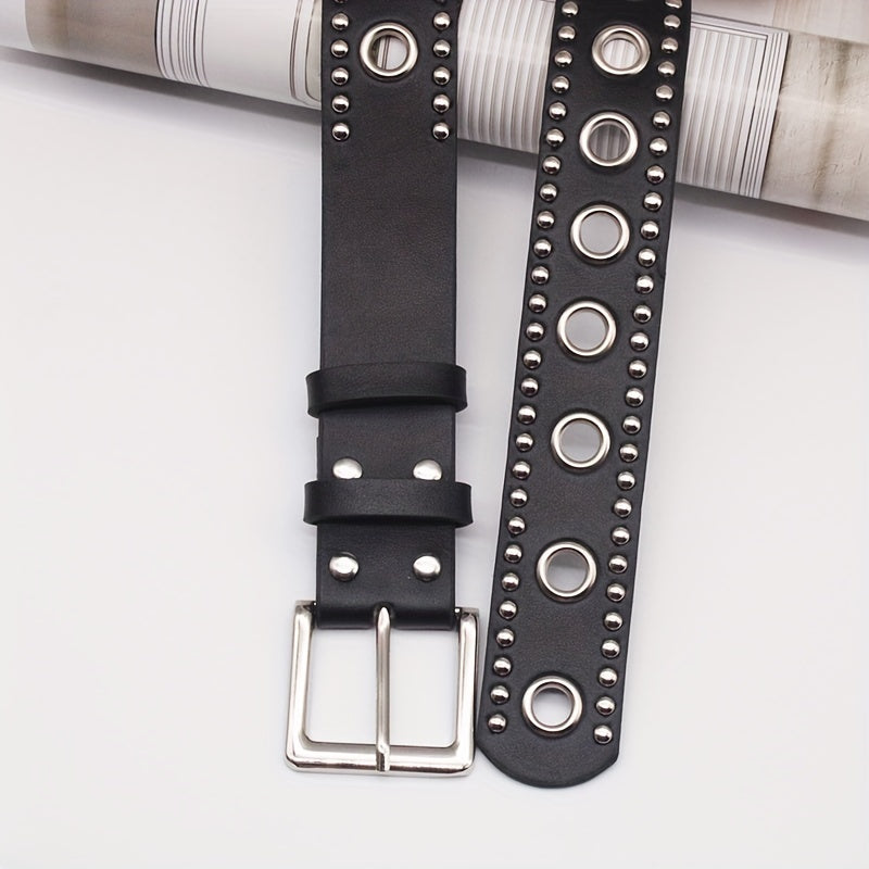Ceinture punk cloutée à œillets – Ceinture PU noire style hip-hop, tendance pour jeans et pantalons, pour femmes et hommes