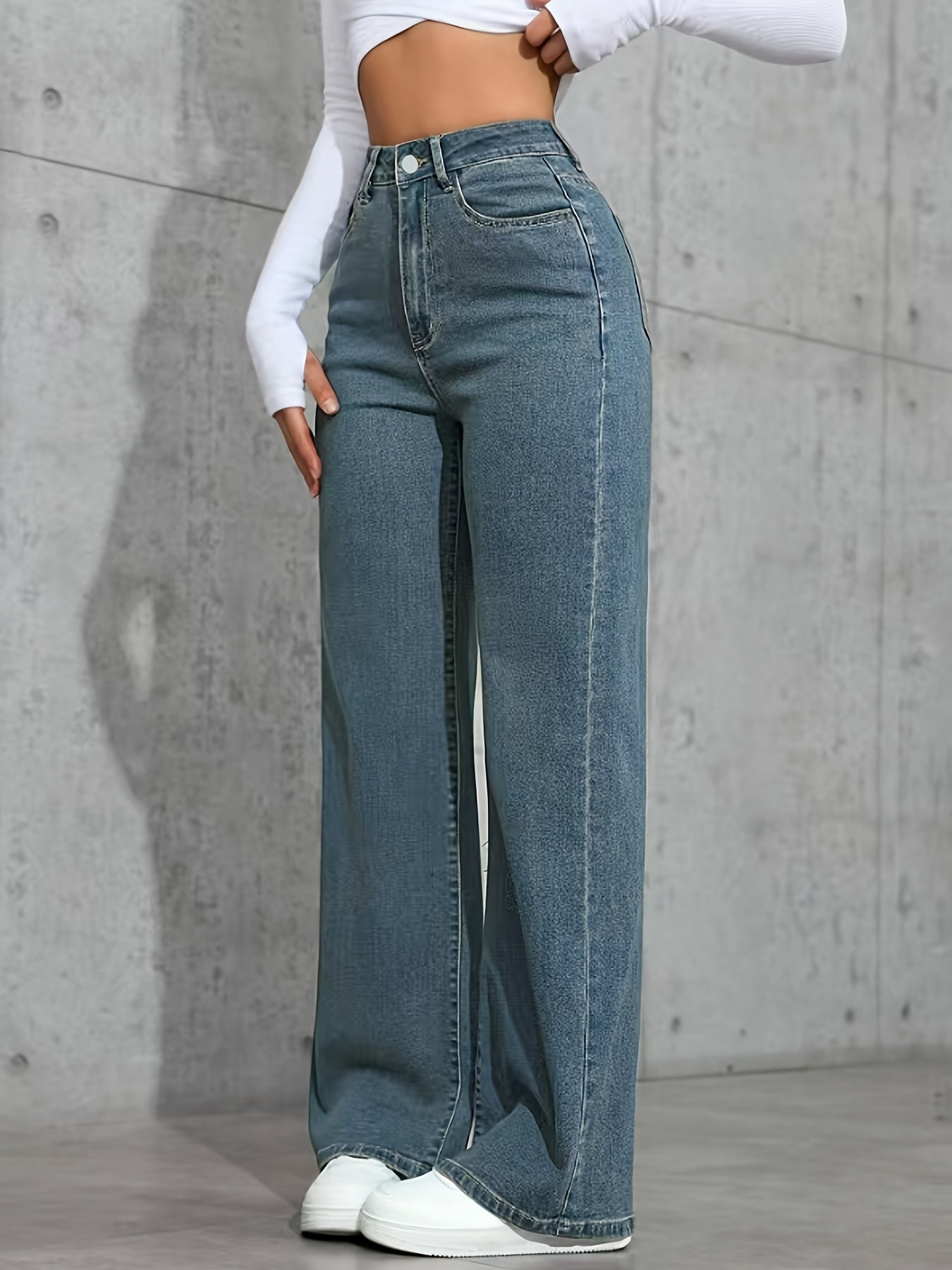 Pantalon Femme Taille Haute Bleu Jambe Droite Extensible Poches Confortable Style Décontracté 2025 Denim Rétro Résistant Slim Streetwear