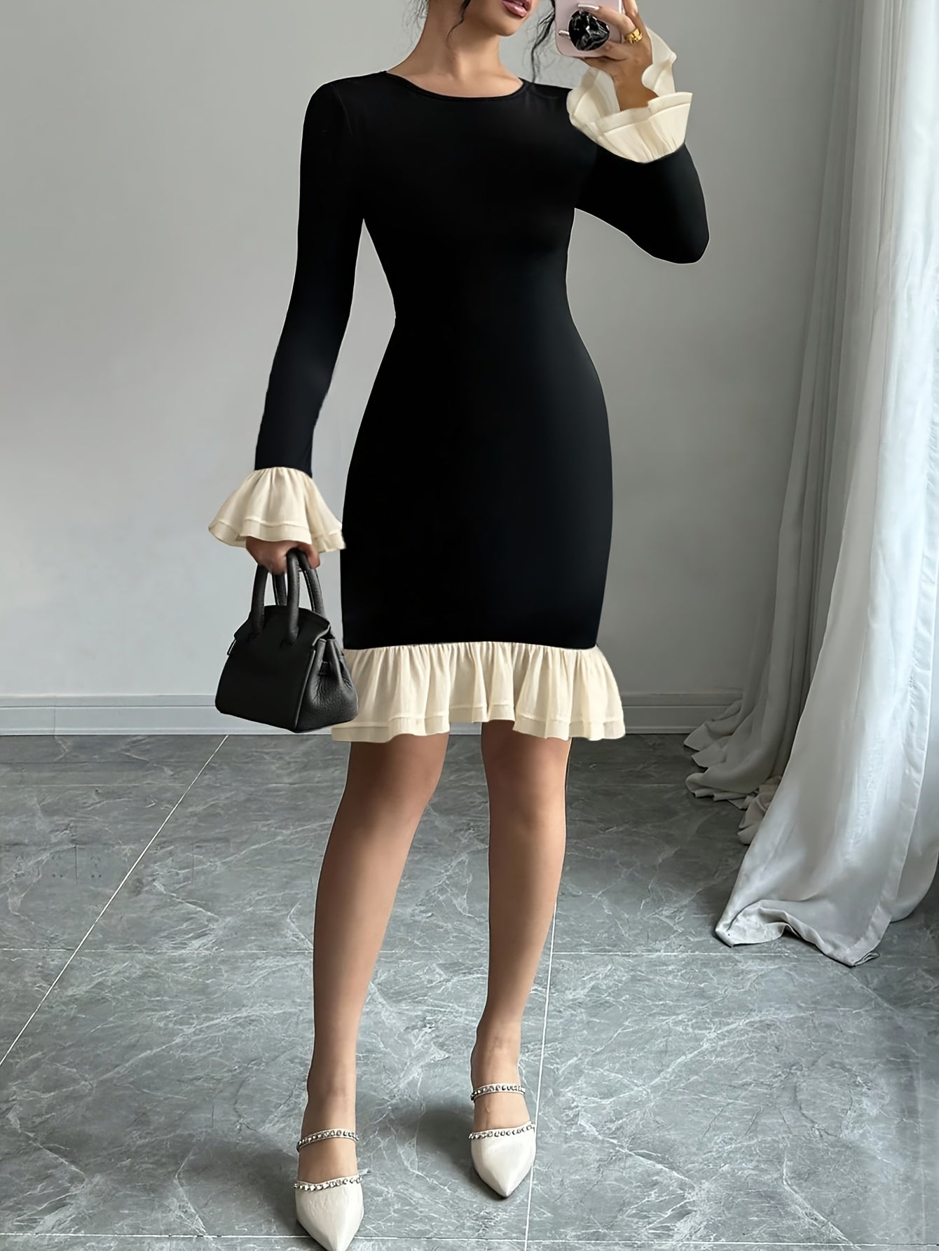 Autumn-Winter Long Sleeve Mushroom Lace Design Fashionable Bodycon Skirt