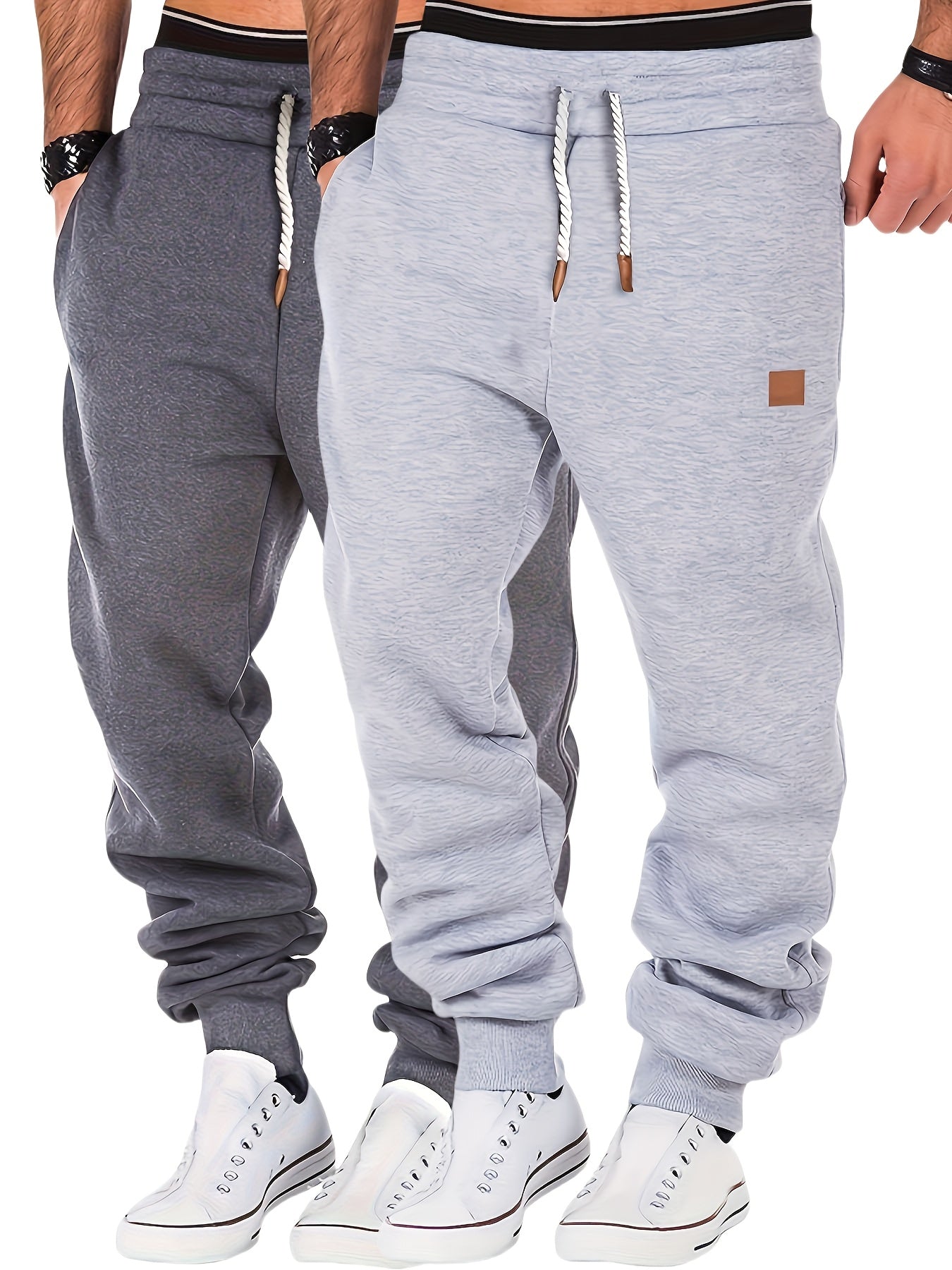 2pcs Joggers Homme – Polaire, Gris, Cordon, Sport & Casual, Hiver