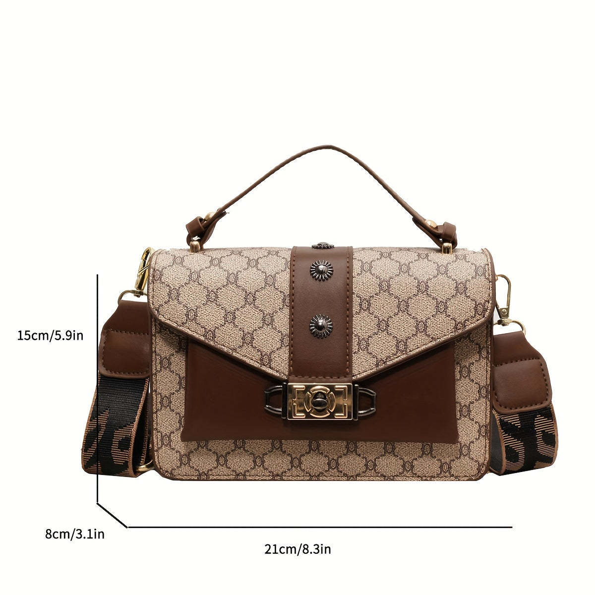 Sac femme motif géométrique en simili cuir, bandoulière réglable, fermeture dorée, intérieur spacieux