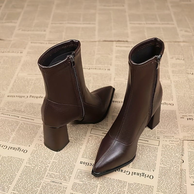 Bottines Élégantes Femme à Talon Bloc Épais — Bout Pointu, Couleur Bordeaux/Brun, Revêtement Synthétique