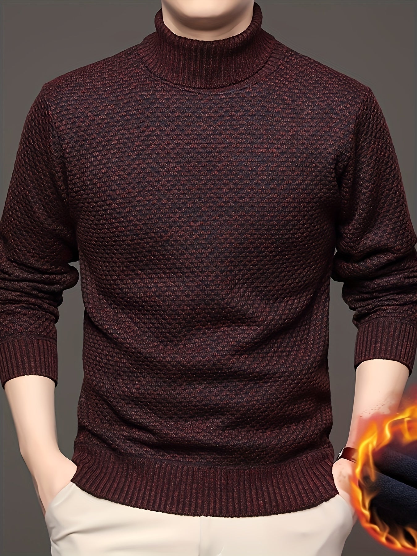 Men'S Autumn Jacquard Knit Sweater with a High Collar, Stylish And Fleece-Lined.