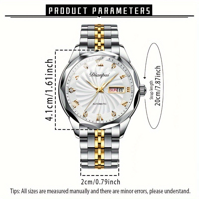 Men's Automatic Mechanical Watch with Luminous Dial, Waterproof, Roman Numerals & Date/Day Display, Golden-Tone Steel Band, Accents - Fashionable Dress Watch for Everyday & Formal Wear, Bling Watch, Formal Timepiece B