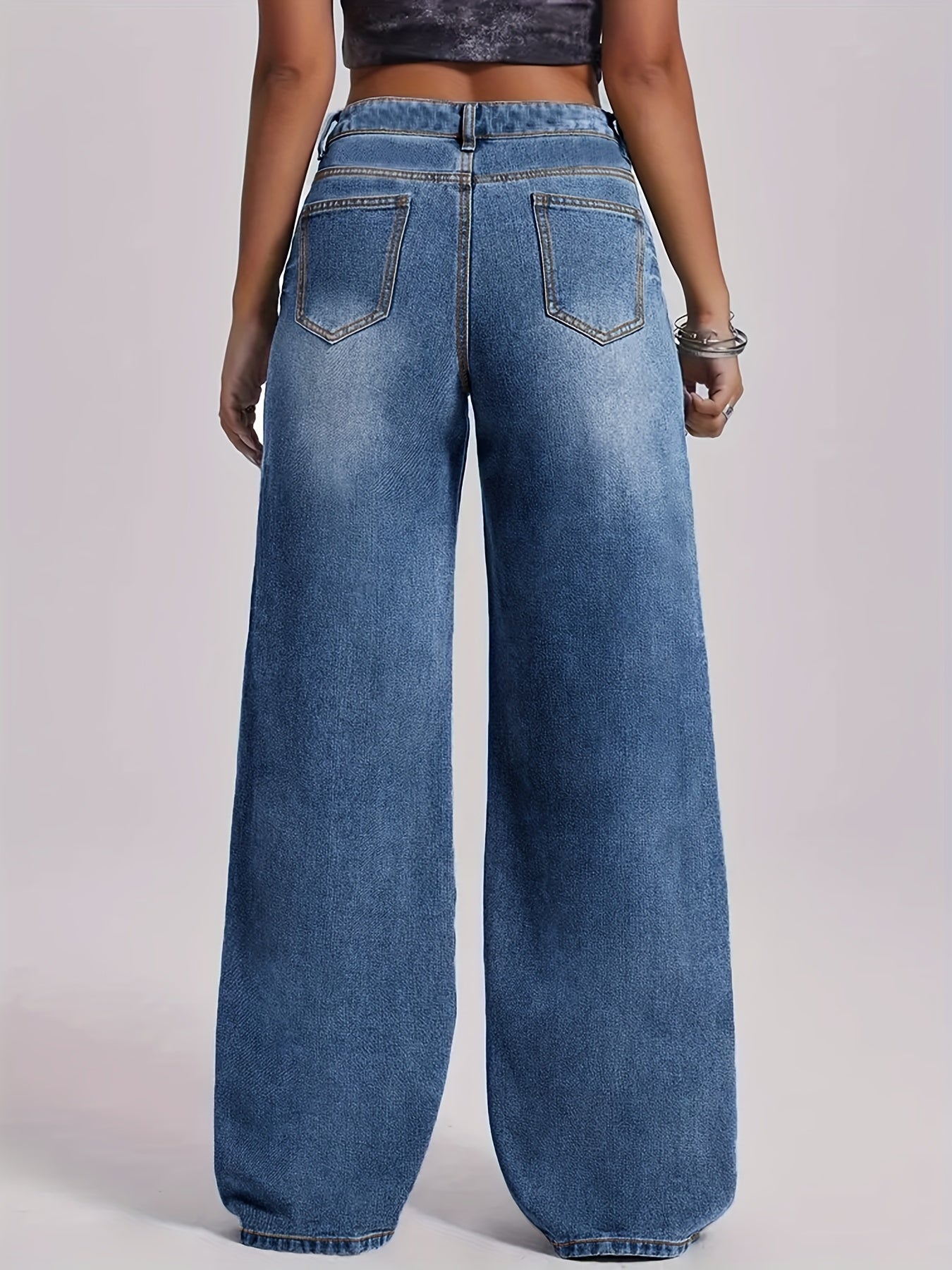 Jeans Femme Extensible – Jambe Droite, Bleu Effet Usé, Décontracté et Polyvalent