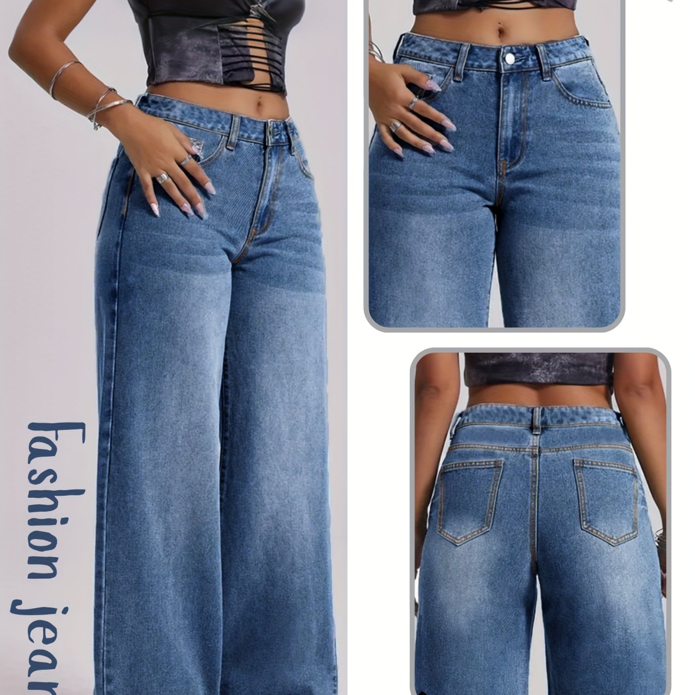 Jeans Femme Extensible – Jambe Droite, Bleu Effet Usé, Décontracté et Polyvalent