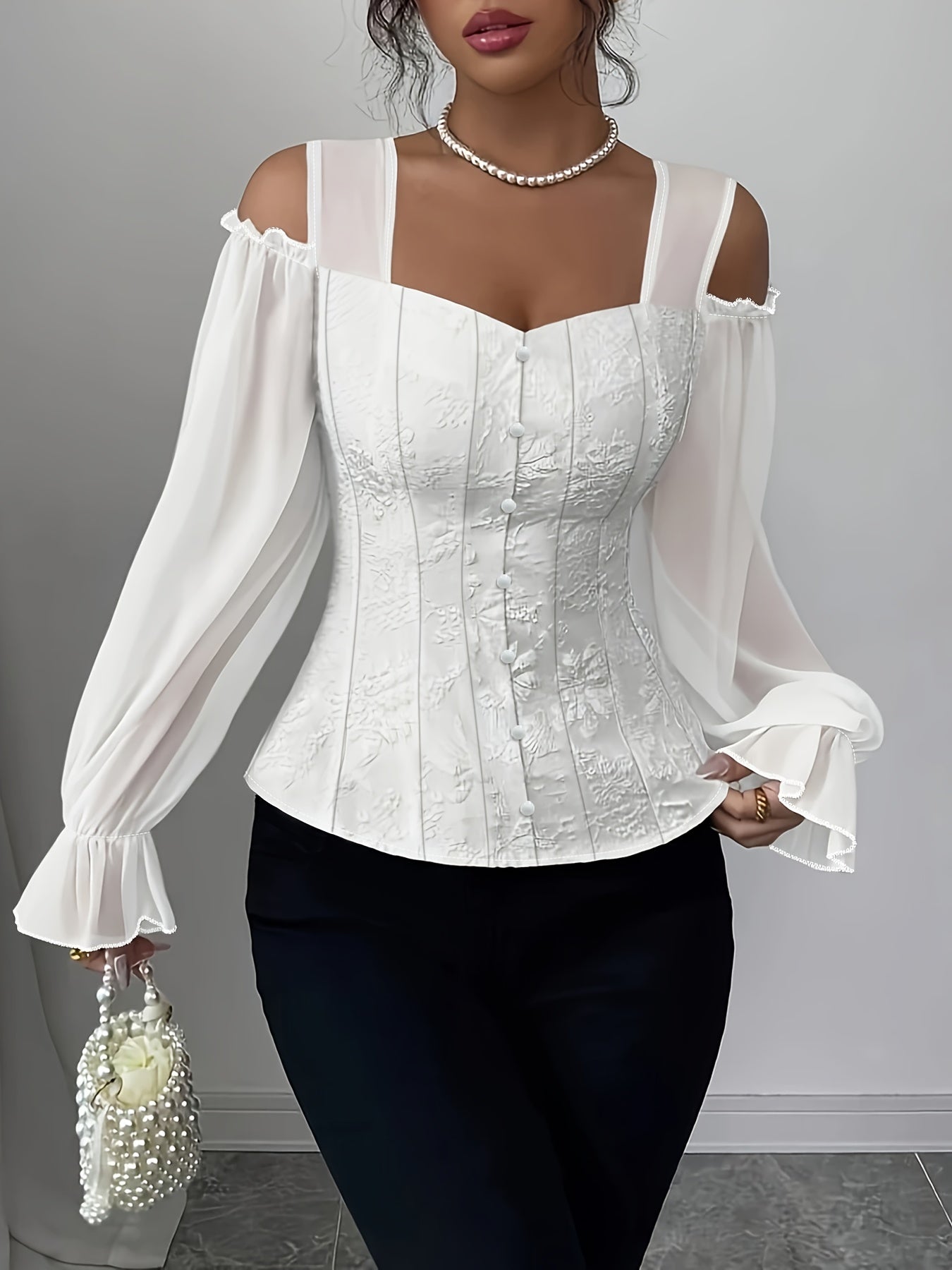 Blouse grande taille élégante pour femmes – Col carré épaules dénudées, manches longues, imprimé floral, ourlet asymétrique, coupe slim, blanche, toutes saisons, lavable en machine, casual et habillé