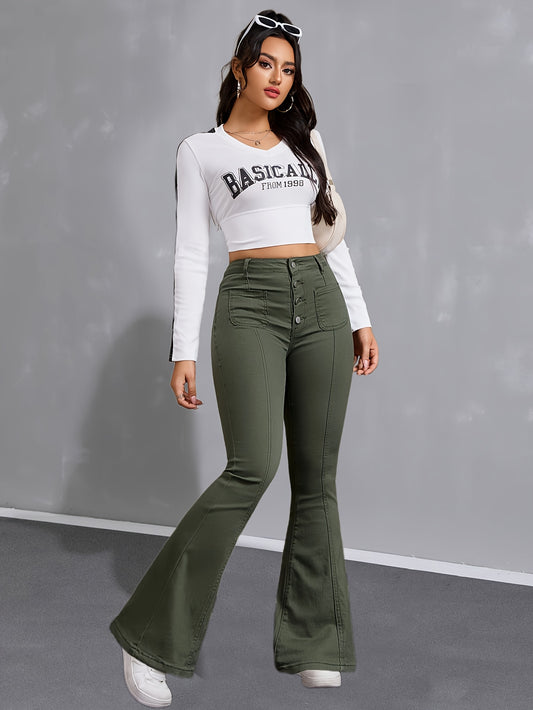 Jeans Femme Taille Haute Vert – Jambe Évasée, Extensible, Boutonnage Simple