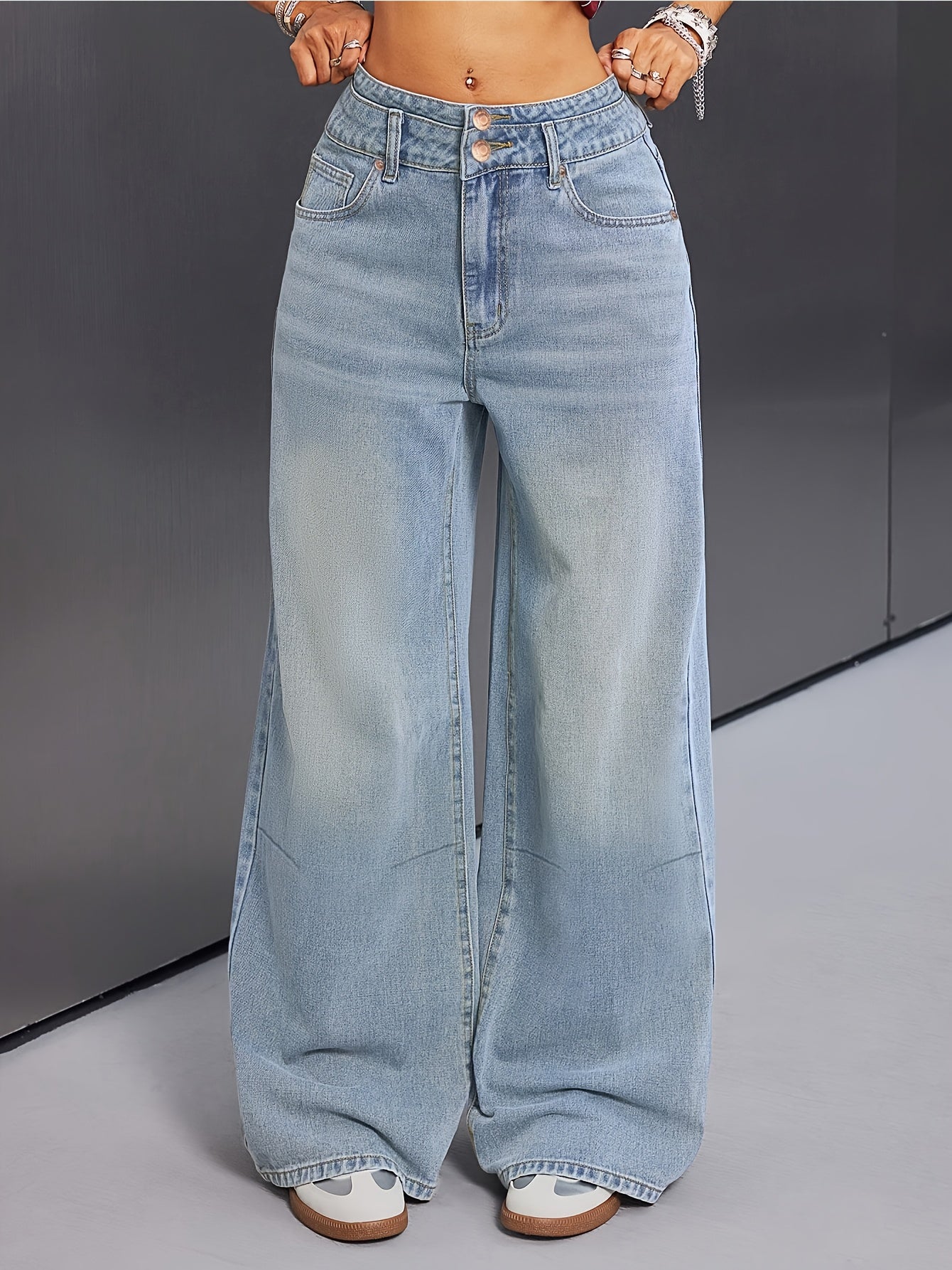 Jeans femmes– coupe décontractée, taille élastique, patchwork à double bouton, style baggy, tailles plus, bleu délavé et kaki