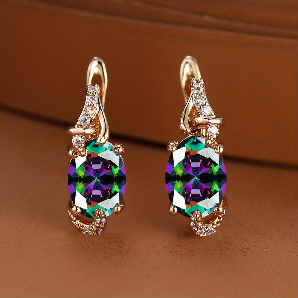 Boucles d'Oreilles Plaquées Or 18K – Pierre Colorée Taille Ovale, Style Élégant
