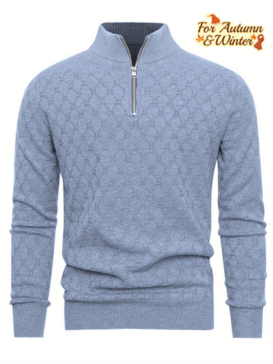 Men's Slim-Fit Half-Zip Sweater with Stand Collar - Soft Stretch Blending (Suitable for) - Half-Zip Front & Geometric Pattern - Business Casual Winter Wear - Fall Winter Wardrobe Essential - Hand Washable Long Sleeve Blazer f