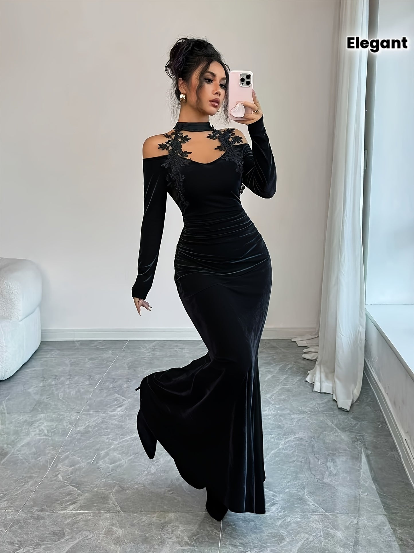 Elegant Velvet Halter Neck Strapless Dress with Embroidered Floral Details | V-Neck, A-Line Mermaid Skirt, Pleated Waist, Suitable for Street Dates, Daily, Parties